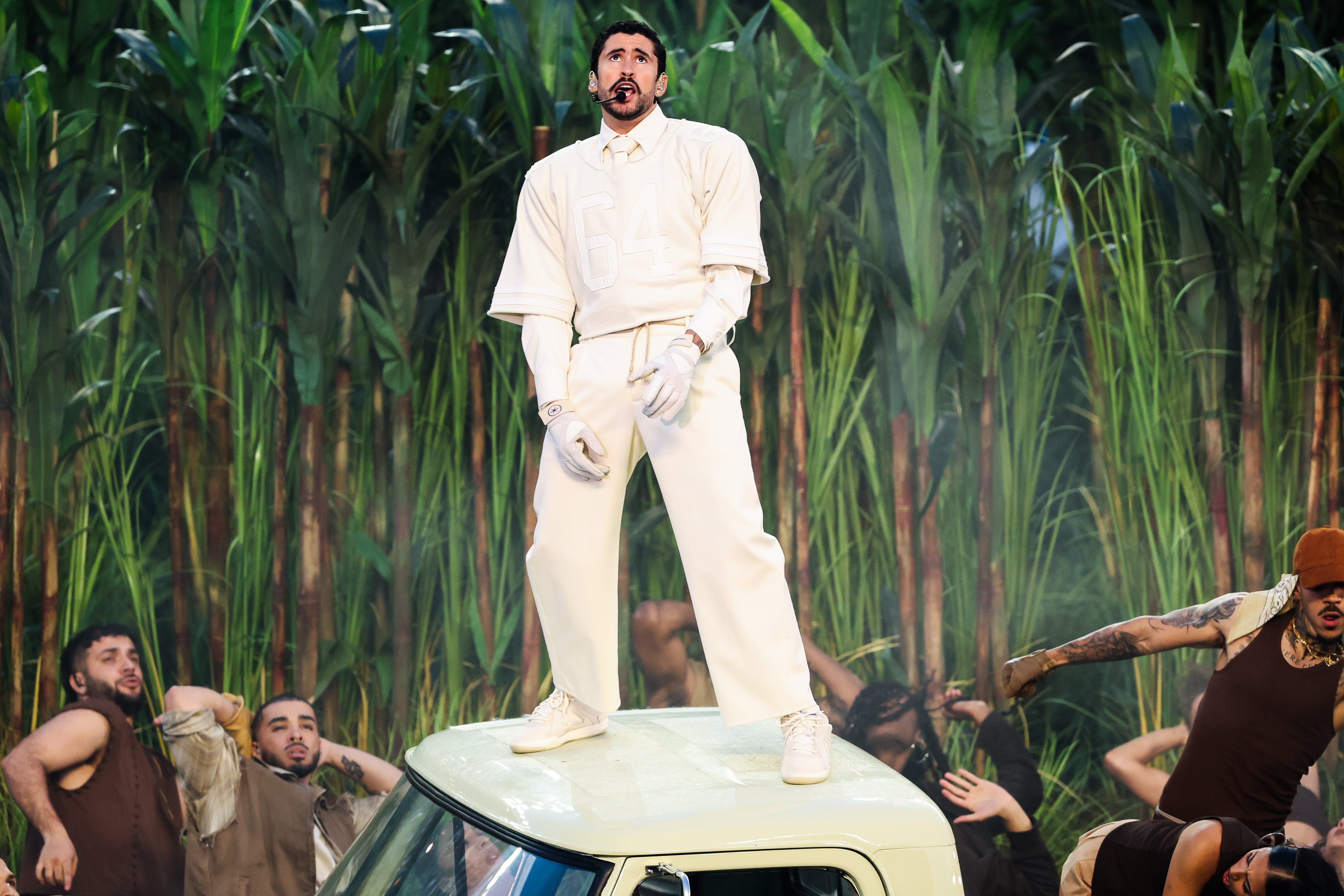 Bad Bunny performs during the Apple Music halftime show at Super Bowl LX between the Seattle Seahawks and New England Patriots, Levi Stadium, Santa Clara, California