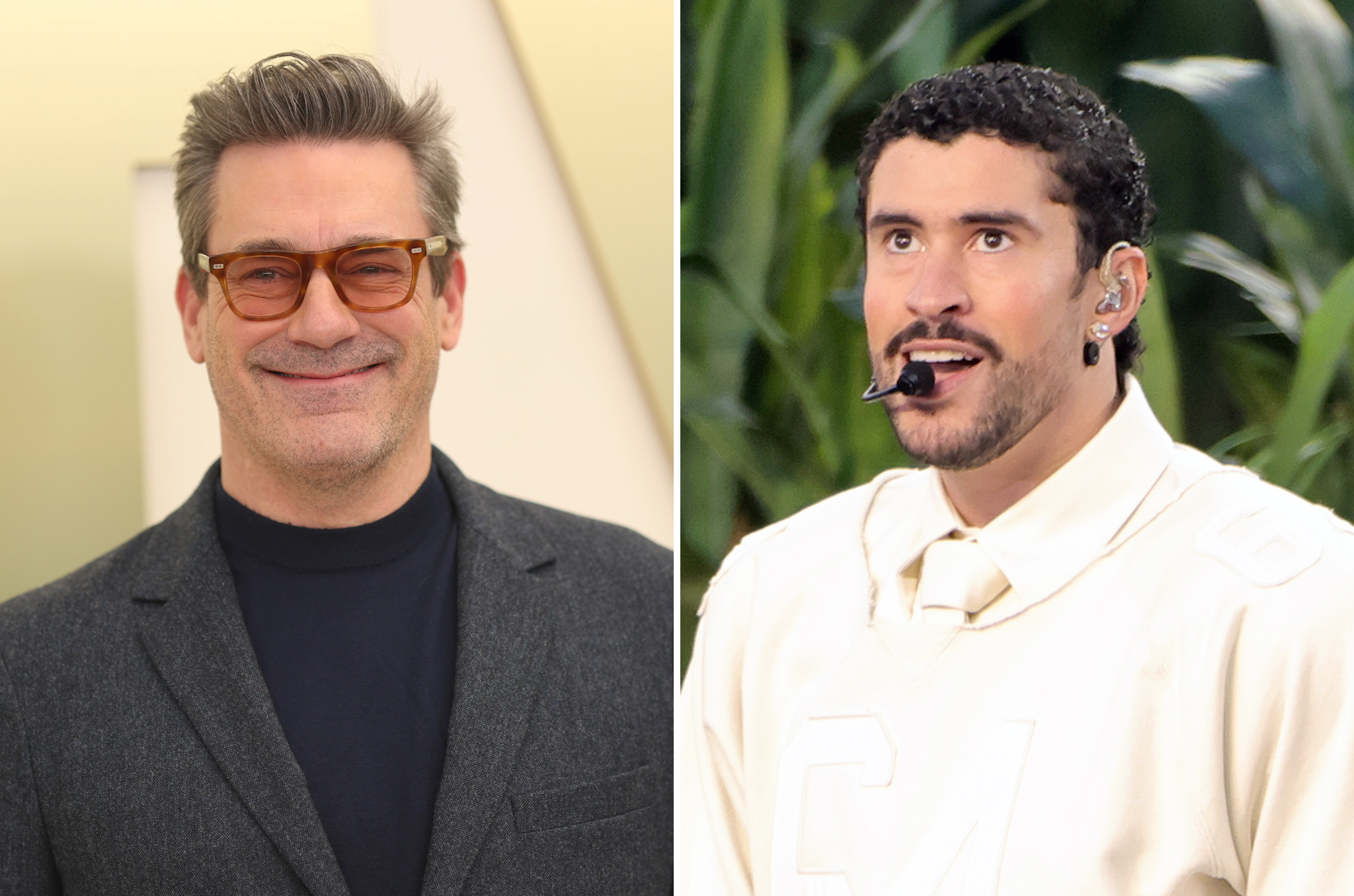 Jon Hamm (left) was spotted busting a move on the sidelines during Bad Bunny's Super Bowl halftime show