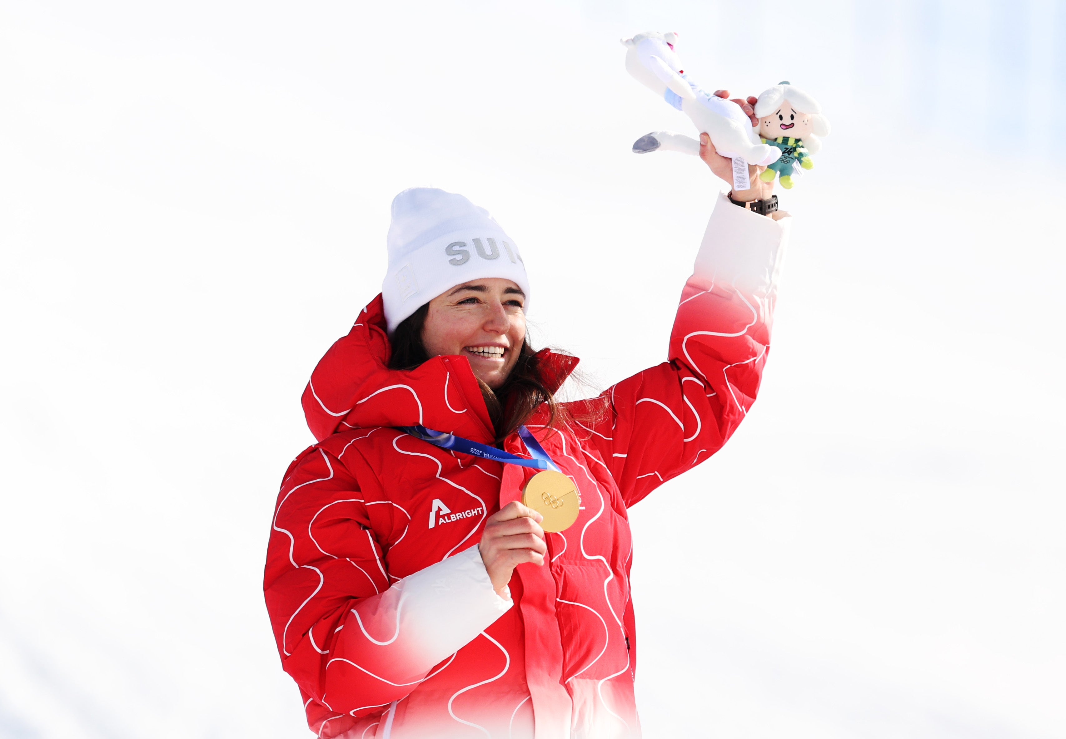Gold medalist Mathilde Gremaud of Team Switzerland celebrates on the podium