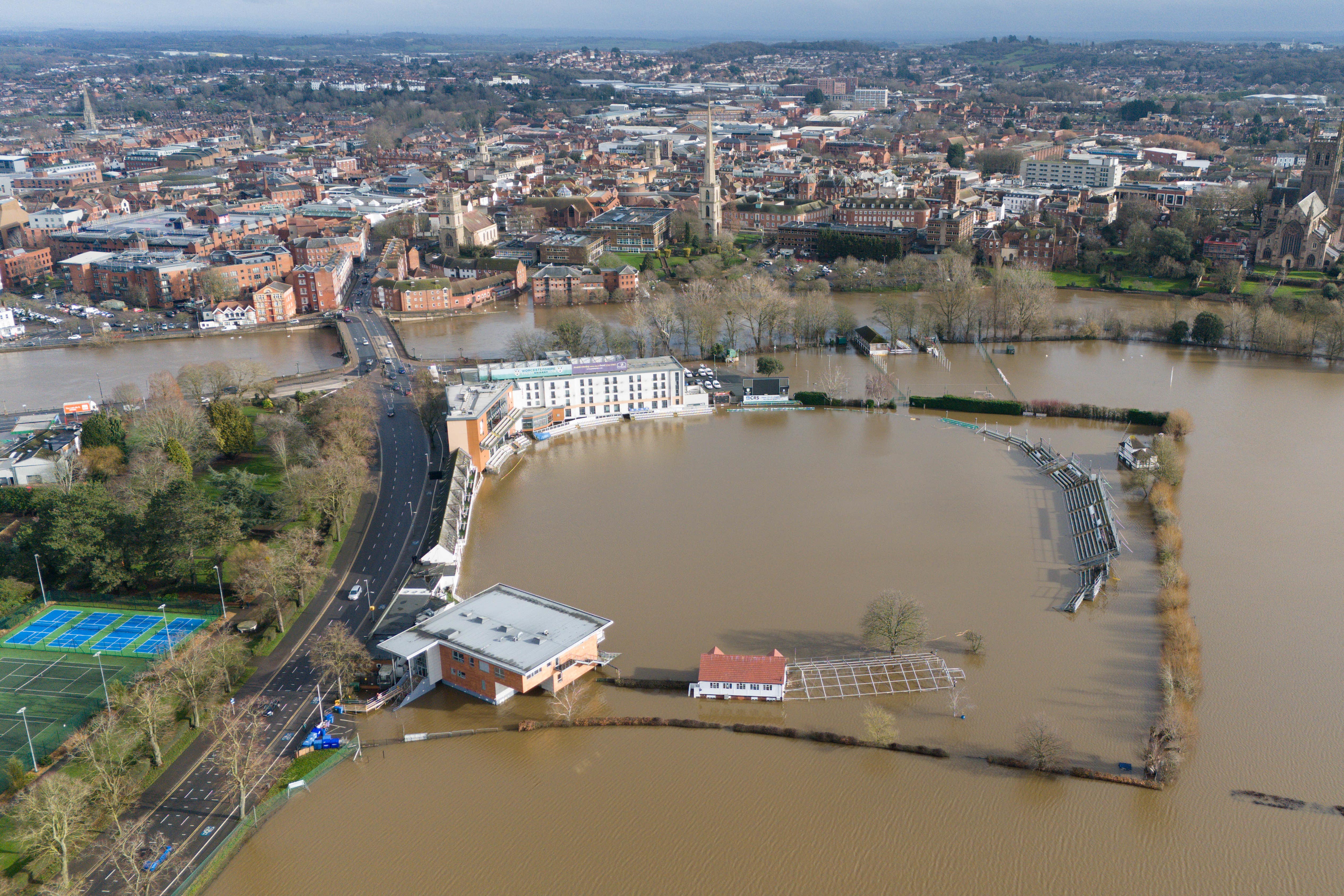Worcestershire County Cricket Club’s ground is among the areas flooded (Jacob King/PA)