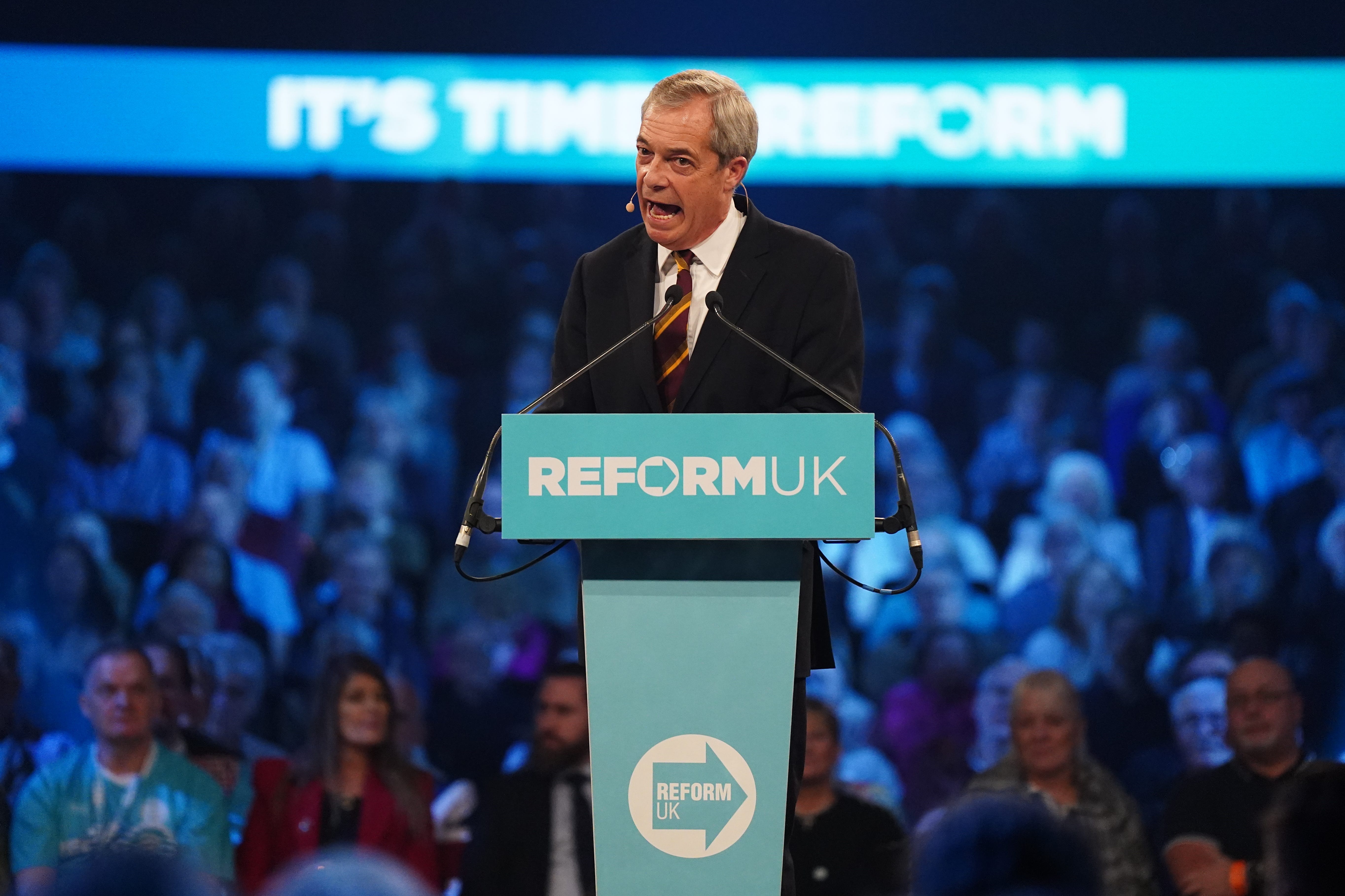 Leader Nigel Farage speaking during a rally for Reform UK party at the NEC Birmingham. (Jacob King/PA)