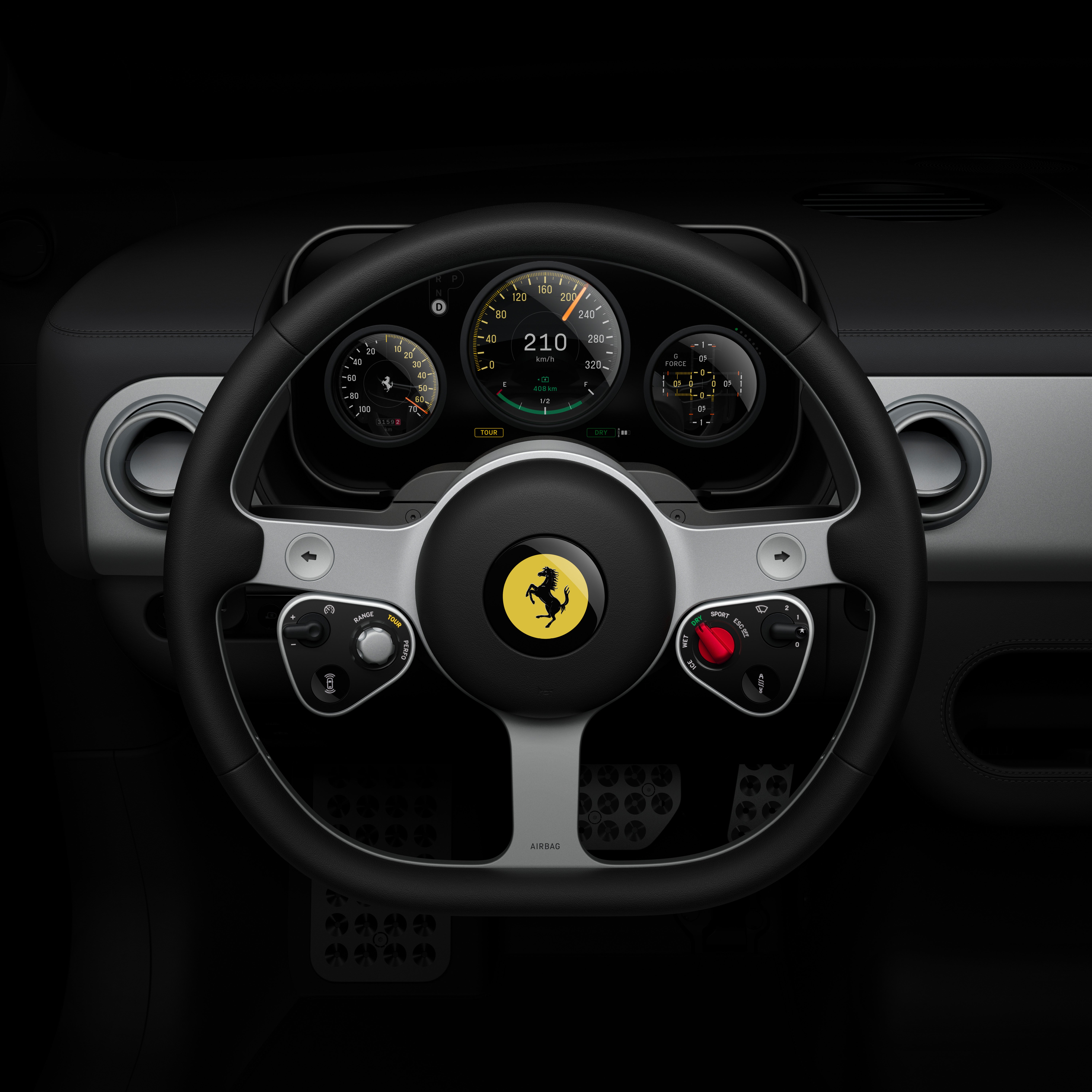 The retro-inspired steering wheel of the Ferrari Luce features beautifully designed, very modern switchgear