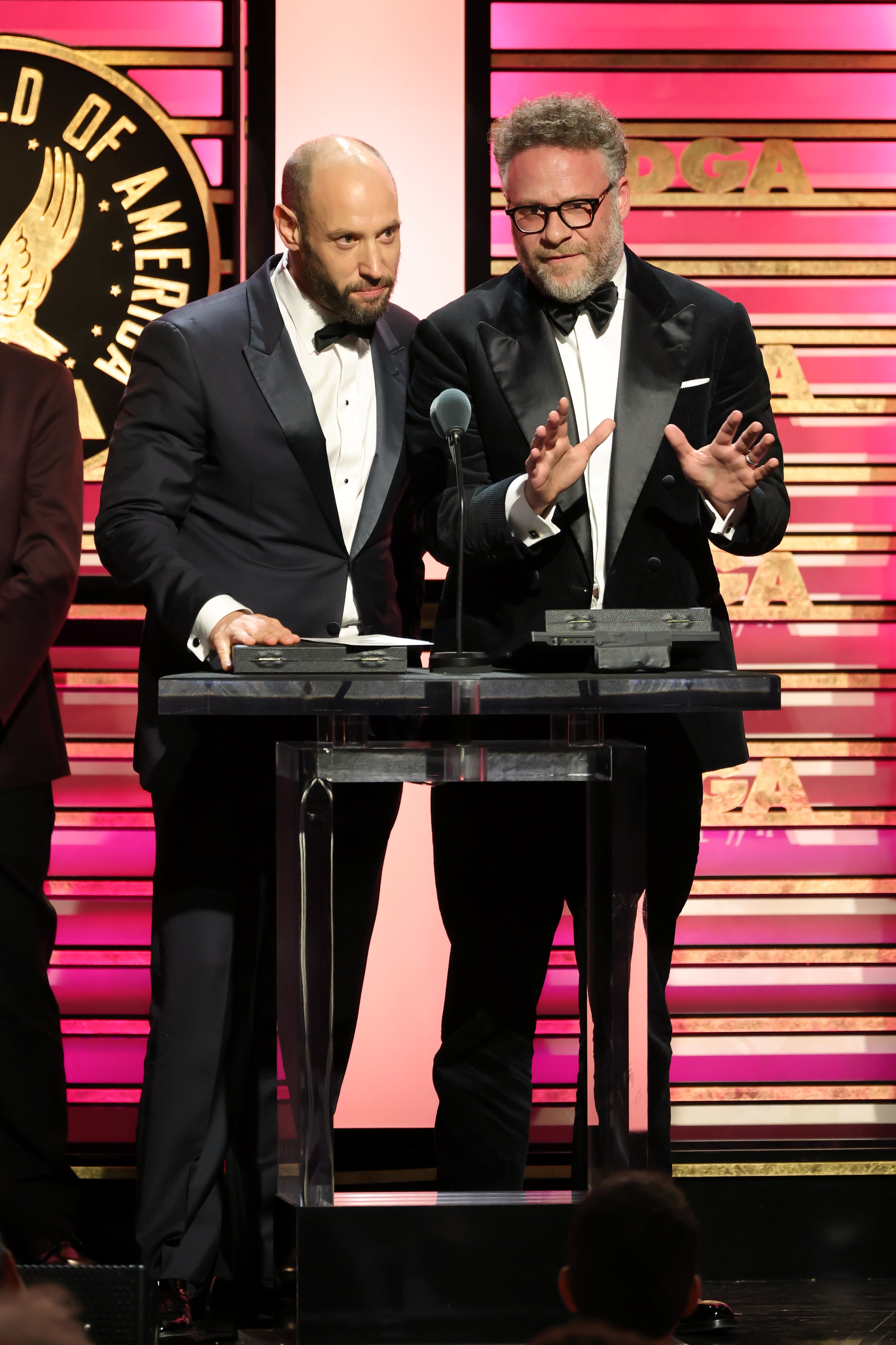 Evan Goldberg and Seth Rogen accept the outstanding directorial achievement in comedy series award for 'The Studio' at the 78th Annual Directors Guild Of America Awards