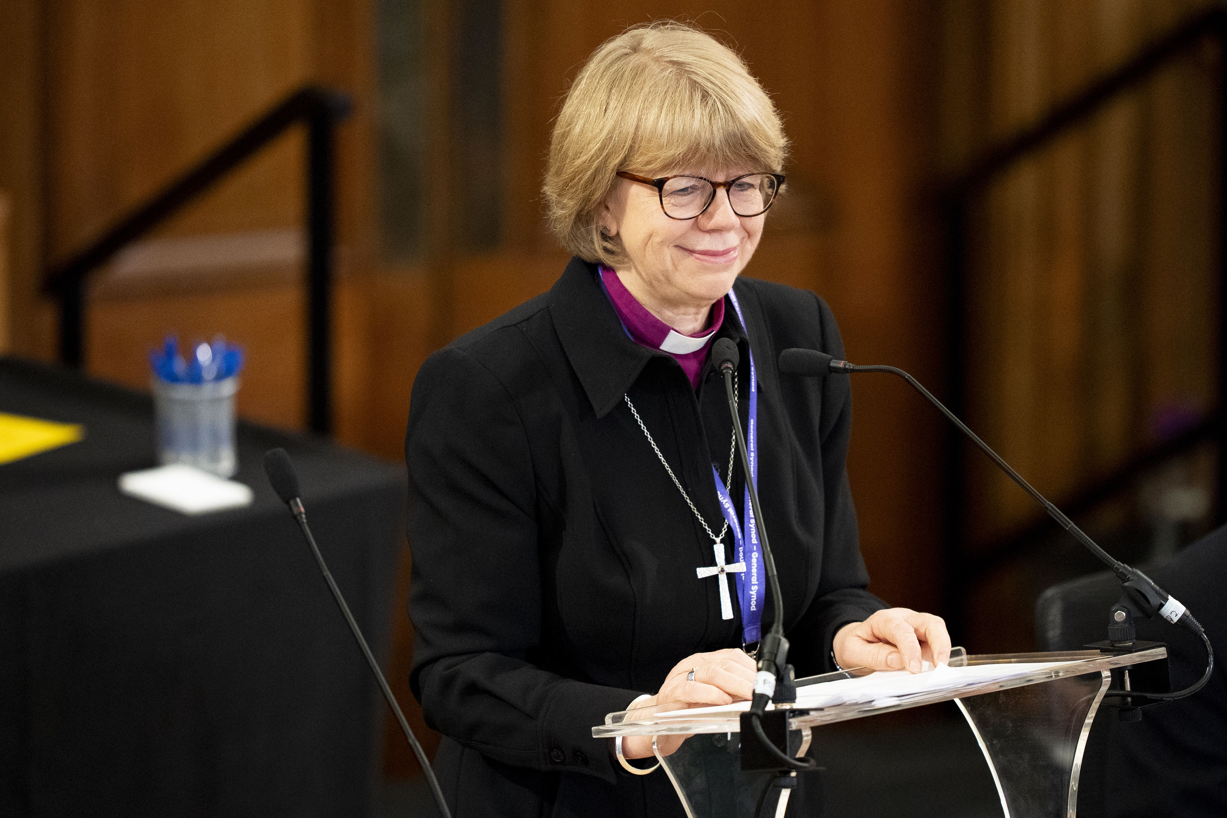 The new Archbishop of Canterbury Dame Sarah Mullally gives her first Presidential Address at the Church of England’s General Synod (Jordan Pettitt/PA)