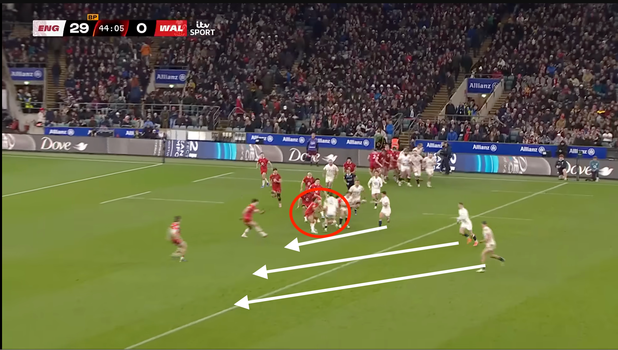 Ben Thomas (circled) is drawn to Tommy Freeman, creating space on the outside for England's George Ford, Tom Roebuck and Freddie Steward to exploit