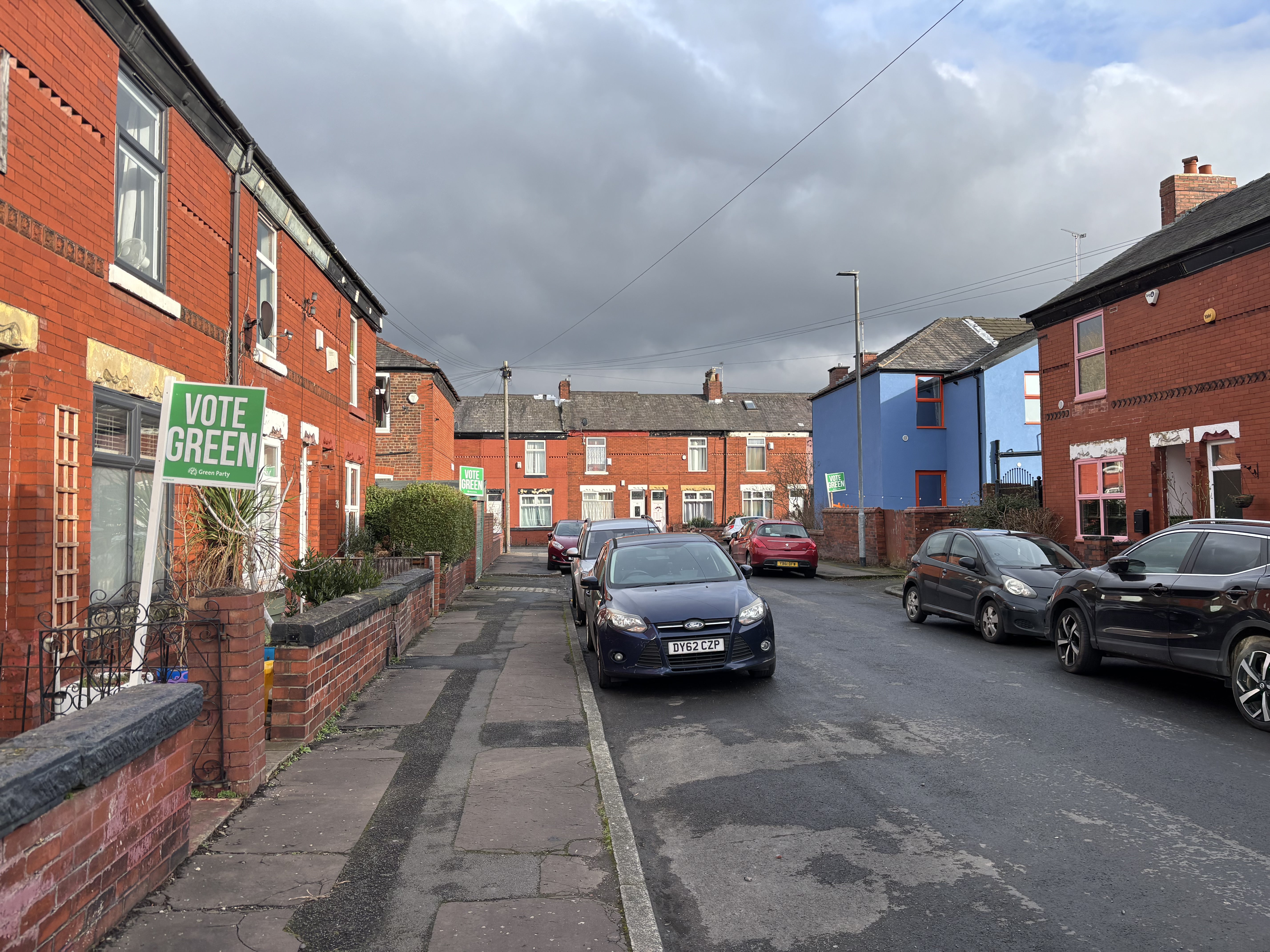 Vote Green signs in Levenshulme, Manchester