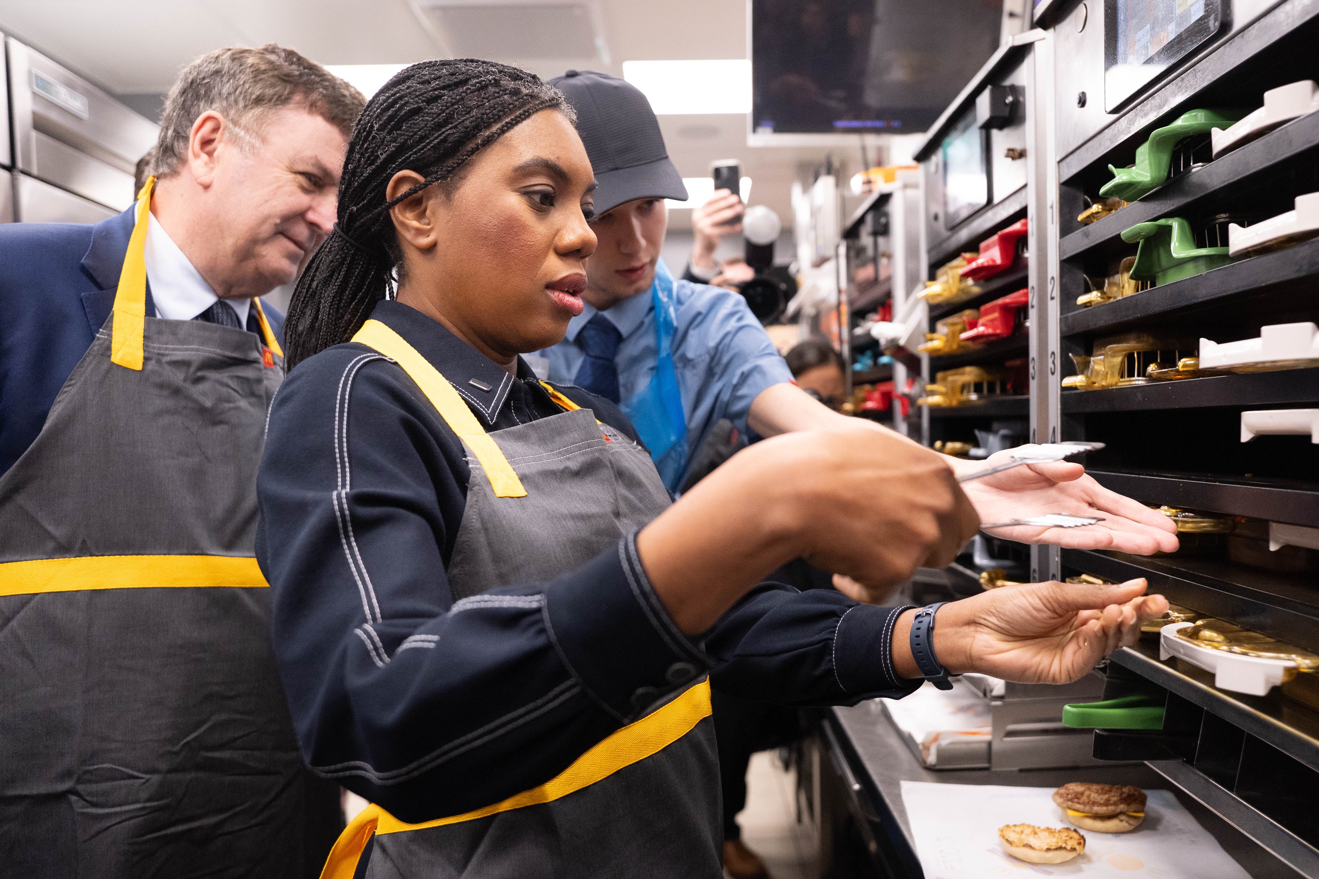 Conservative Party leader Kemi Badenoch and shadow chancellor Sir Mel Stride during a visit to McDonalds in Ruislip, west London