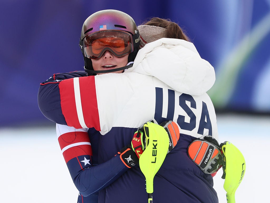 Shiffrin was consoled by teammate Johnson at the finish line