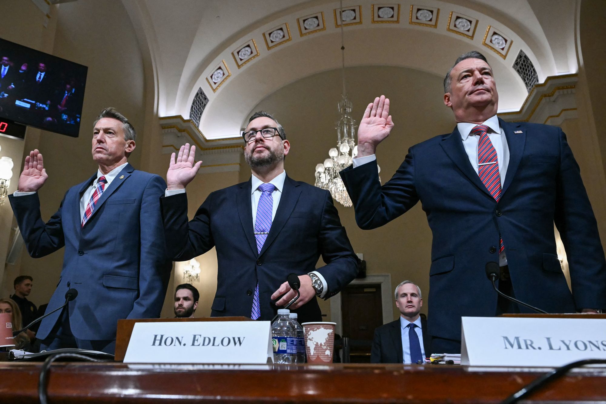 Rodney Scott, Commissioner of US Customs and Border Protection (CBP), Joseph Edlow, Director of US Citizenship and Immigration Services (USCIS), and Todd Lyons, acting director of US Immigration and Customs Enforcement (ICE), are sworn in during a House Committee on Homeland Security hearing
