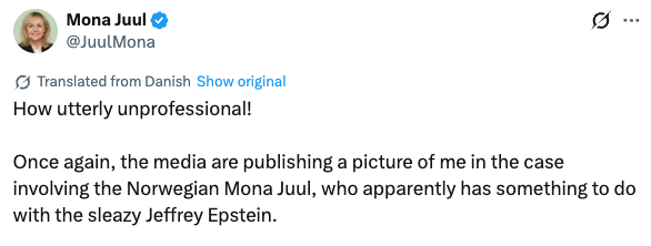 Mona Juul, the Danish politician, took to social media to stress that she was not the Norwegian Mona Juul