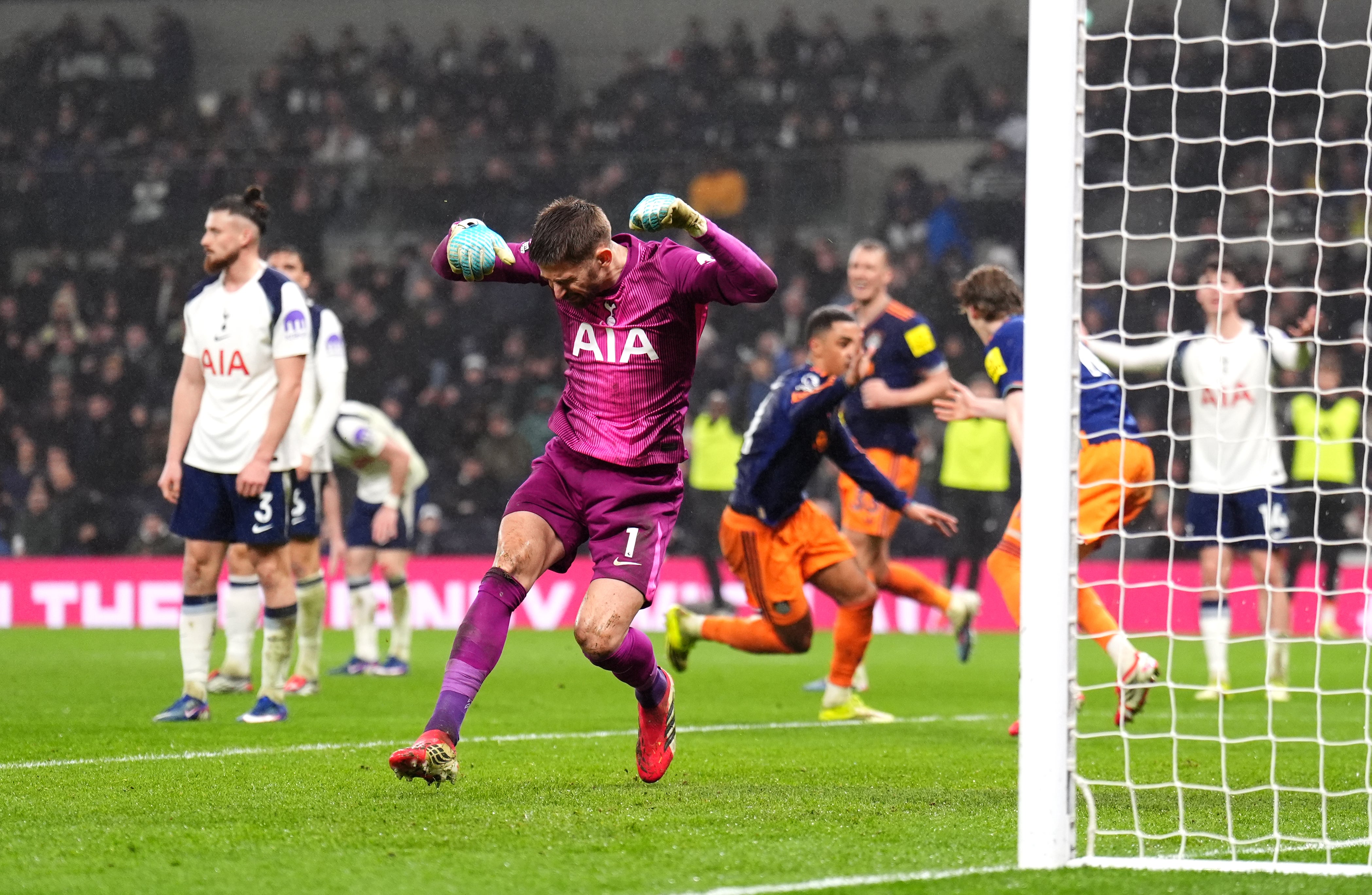 Tottenham goalkeeper Guglielmo Vicario shows his frustration