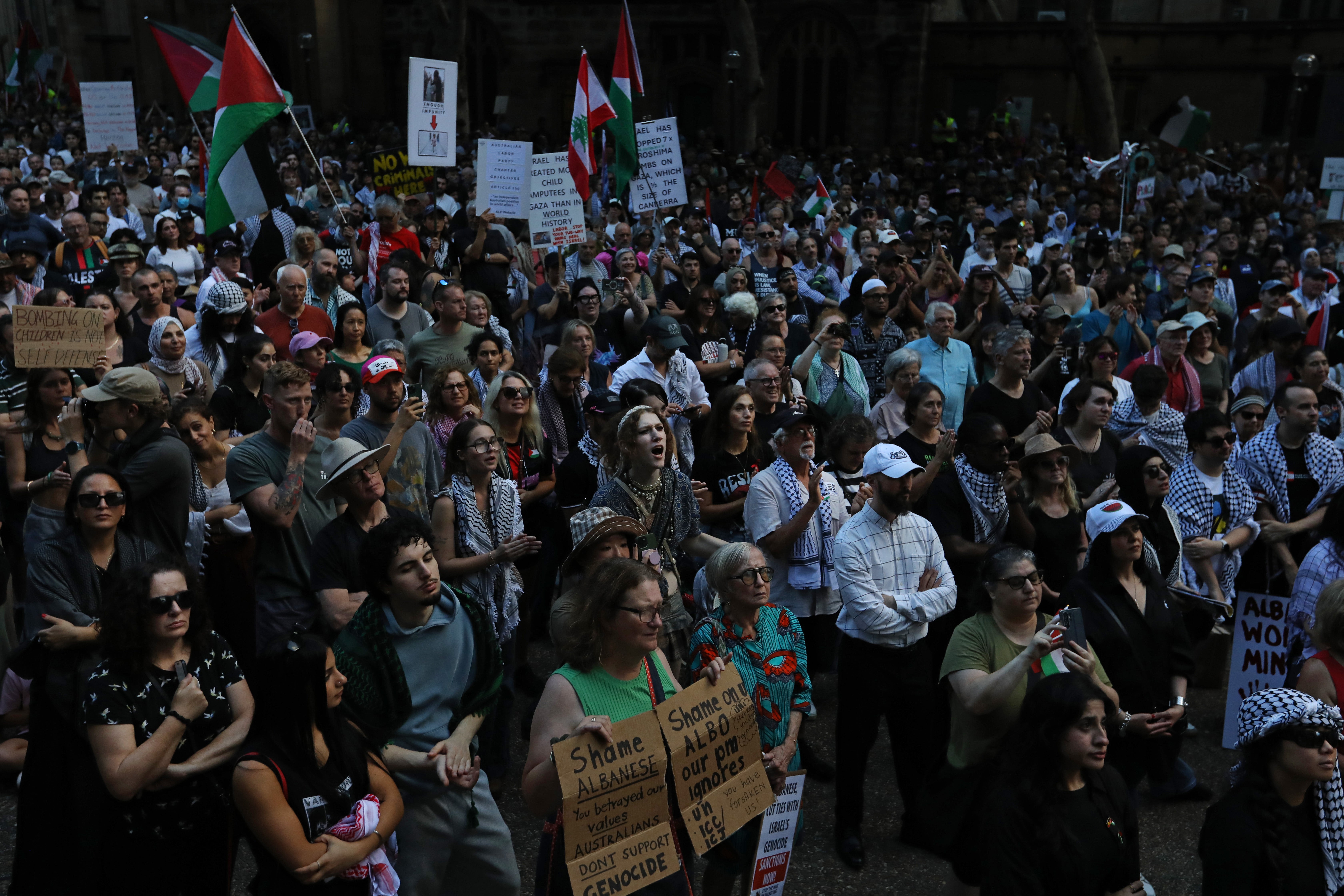 People hold placards and wave Palestinian flags during a protest against the visit of Israel's president Isaac Herzog on 9 February 2026 in Sydney, Australia