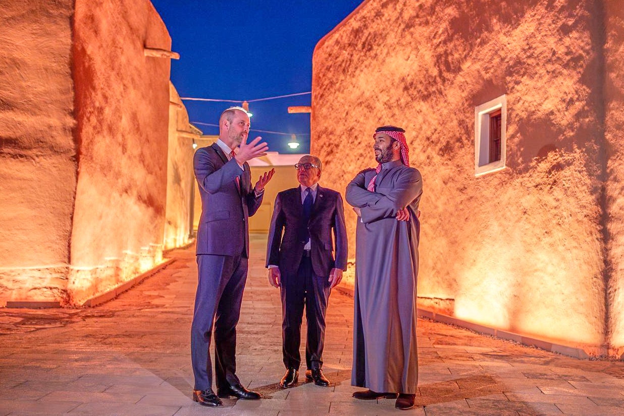 Prince William speaks to Saudi Crown Prince Mohammed bin Salman, during his visit to Unesco World Heritage Site, At-Turaif in Riyadh, Saudi Arabia