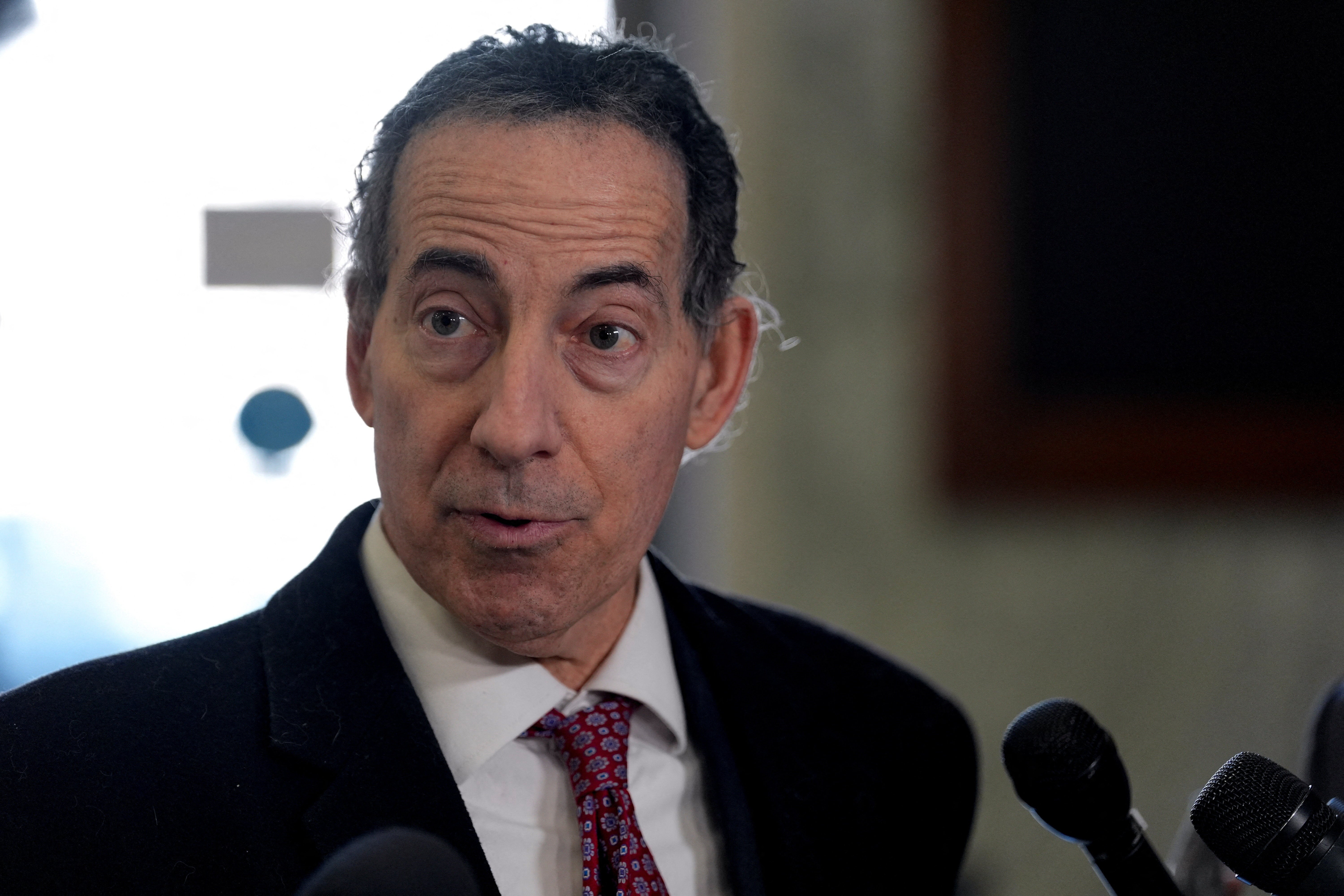 Rep. Jamie Raskin speaks with the media after viewing the unredacted version of the Jeffrey Epstein files at the Department of Justice in Washington, D.C., on February 9, 2026
