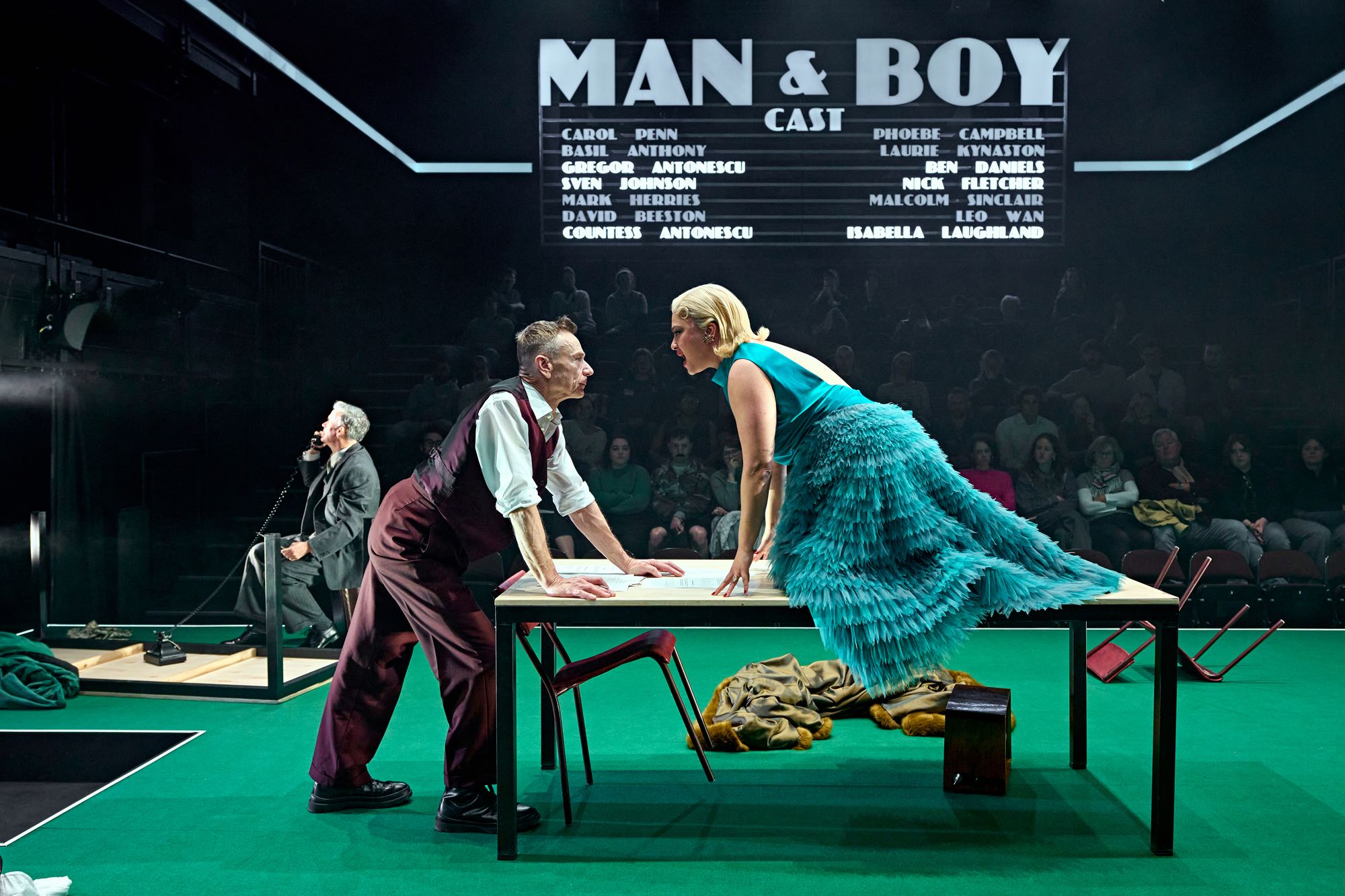 Nick Fletcher (Sven Johnson), Ben Daniels (Gregor Antonescu) and Isabella Laughland (Countess Antonescu) in ‘Man and Boy’ at the National Theatre