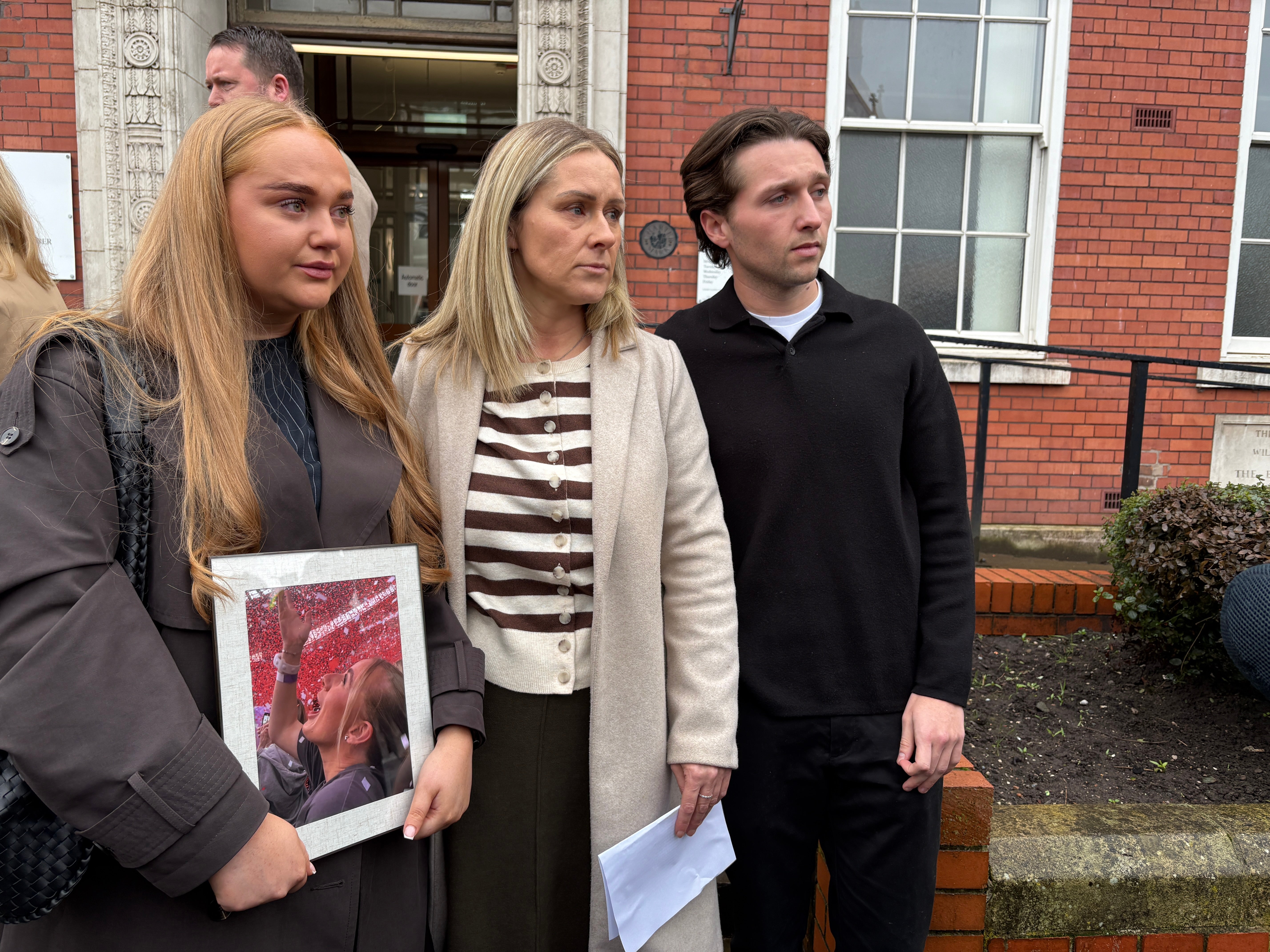 Lucy Harrison's mother Jane Coates (centre), her friend Ella Gowing (left) and her boyfriend Sam Littler outside Cheshire Coroner’s Court