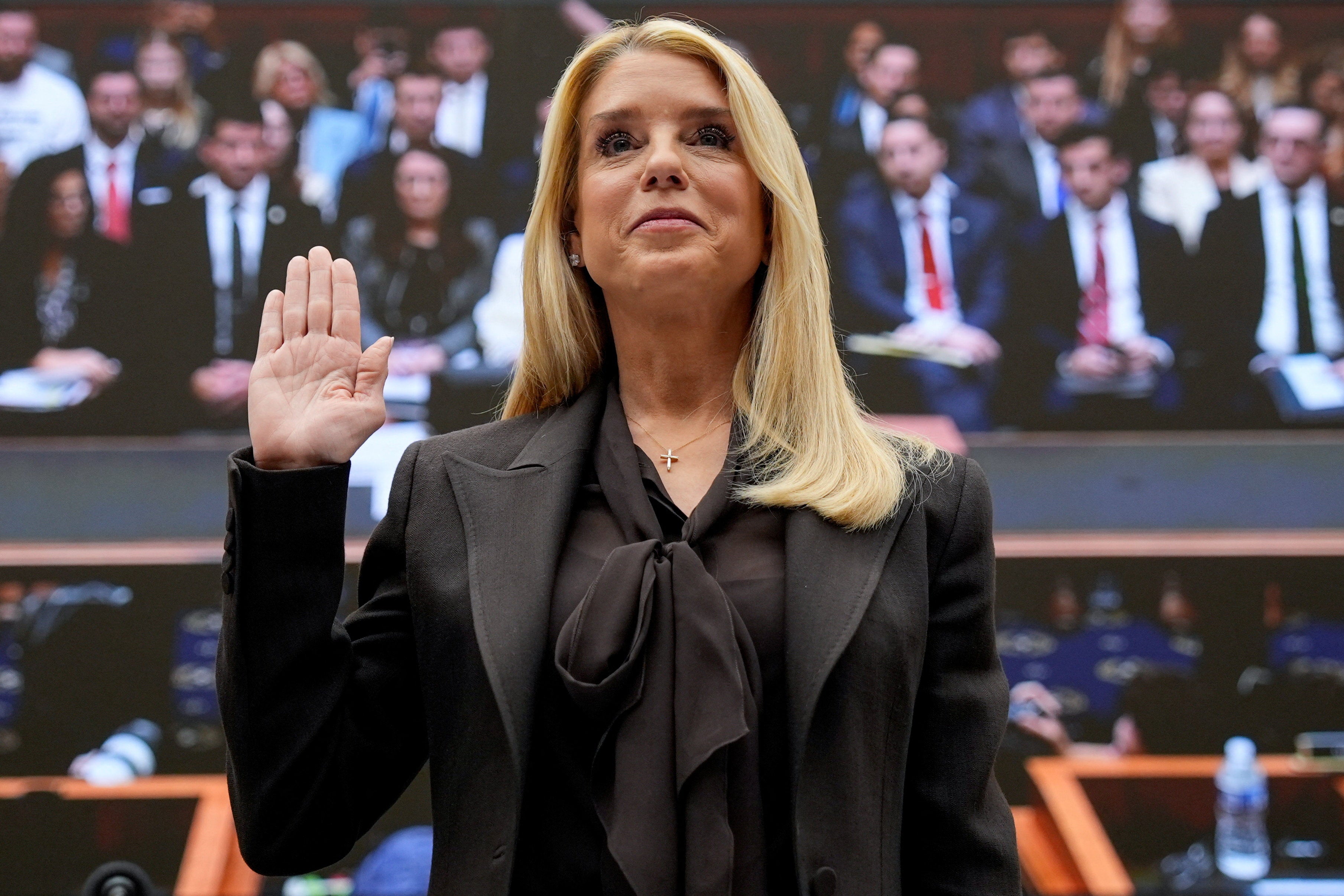 U.S. Attorney General Pam Bondi is sworn in ahead of testifying before a House Judiciary Committee hearing on oversight of the Justice Department, on Capitol Hill in Washington, D.C., U.S., February 11, 2026