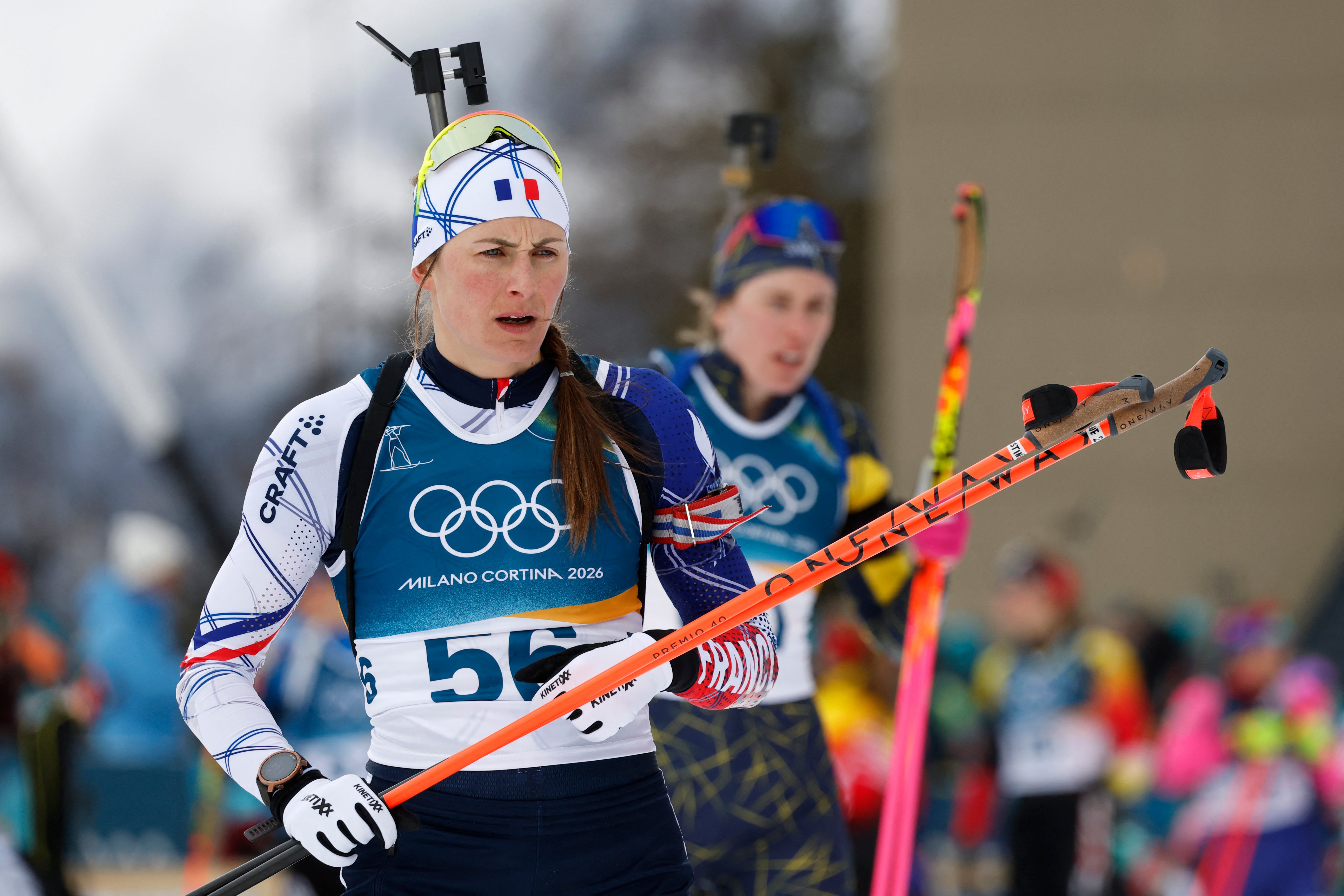 France's Justine Braisaz-Bouchet warms up ahead of the women's biathlon 15km individual event