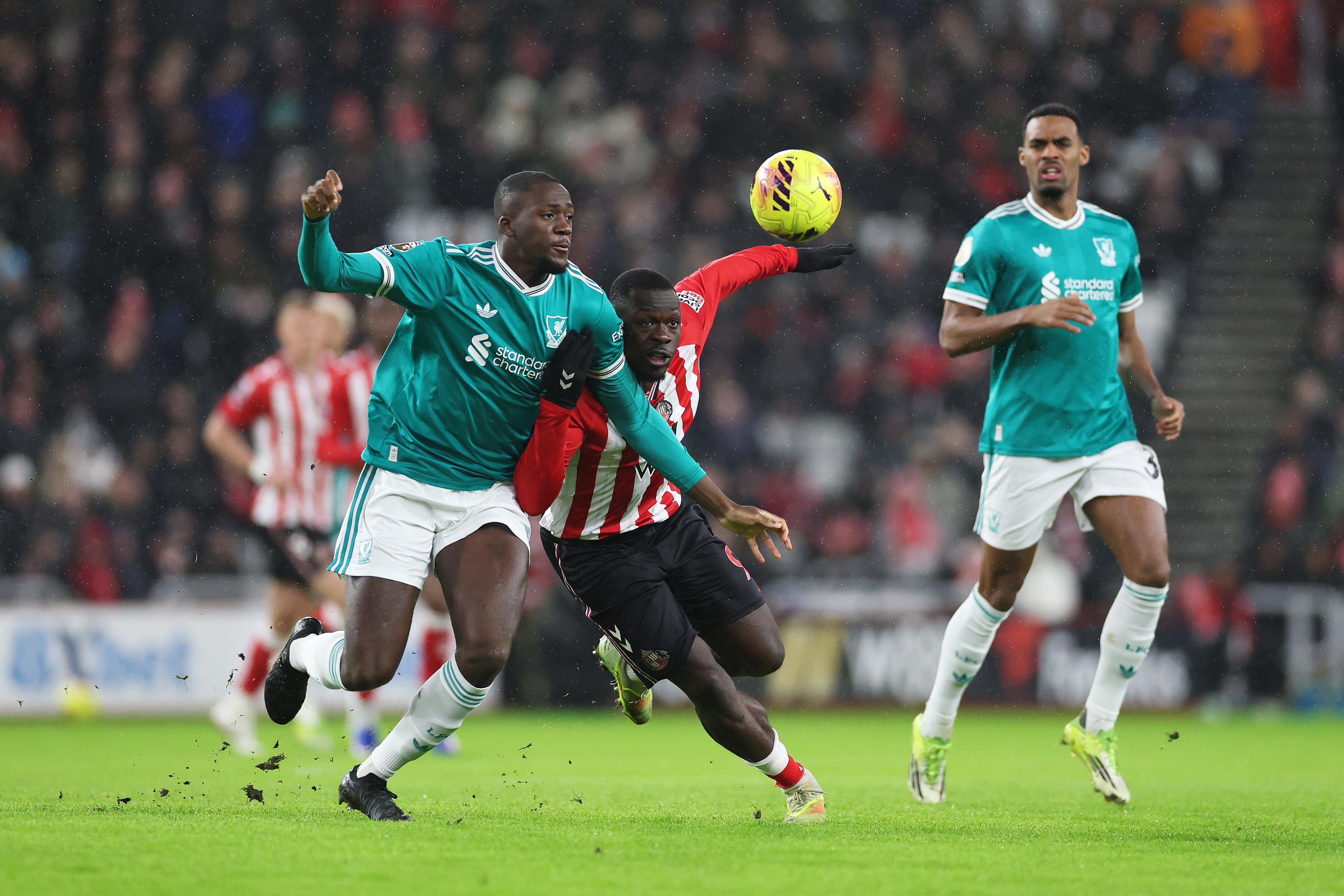 Ibrahima Konate (left) put in a strong display against Sunderland on Wednesday