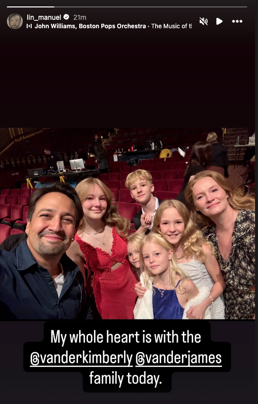 Lin Manuel Miranda shared on Instagram, 'My whole heart is with [the Van Der Beek] family today' following James Van Der Beek's death