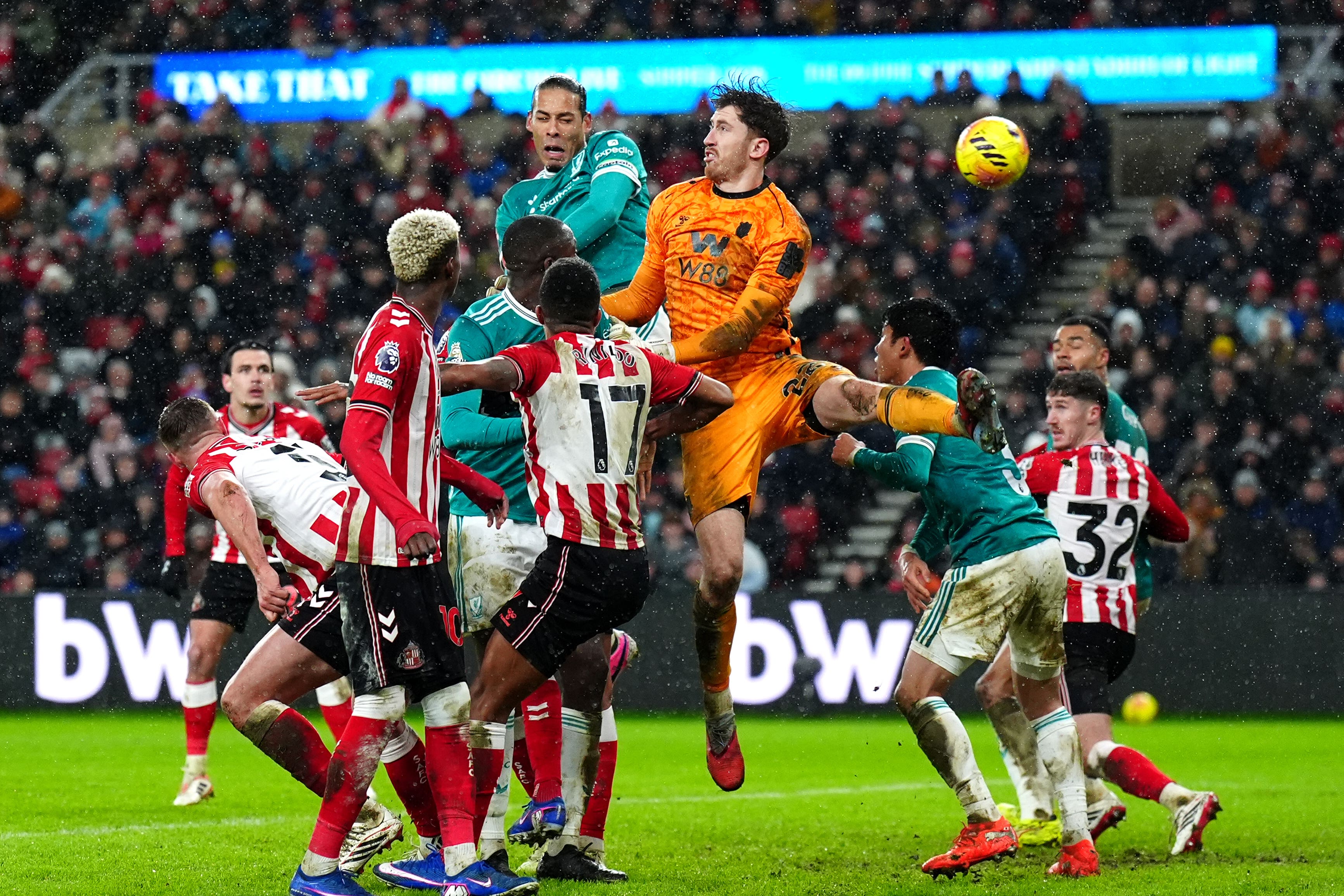 Virgil van Dijk heads home the winner (Owen Humphreys/PA)
