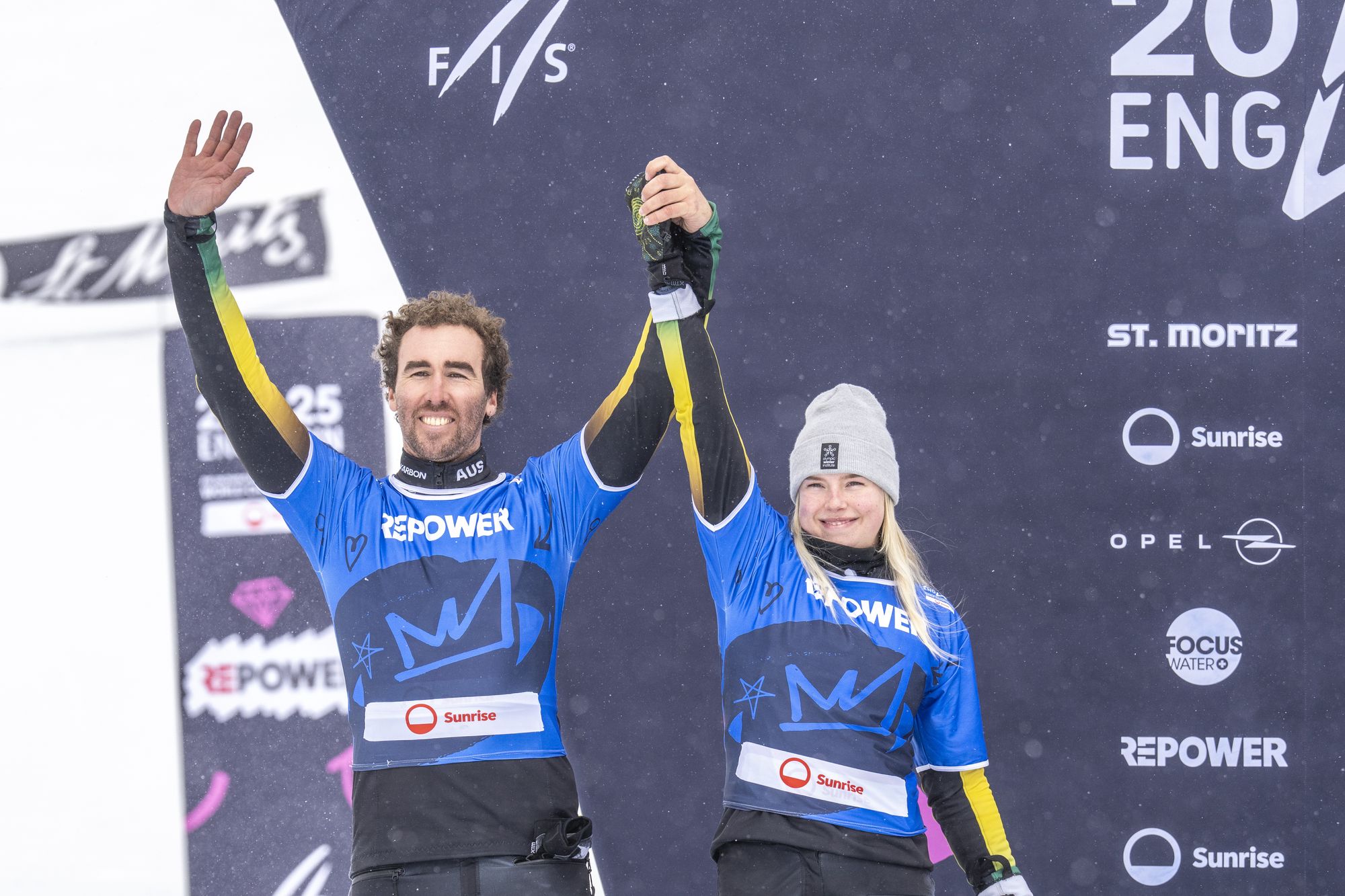 Cameron Bolton of Team Australia wins the silver medal, Mia Clift of Team Australia wins the silver medal during the FIS Snowboard, Freestyle and Freeski World Championships Day 13 on March 29, 2025 in Engadin, Switzerland