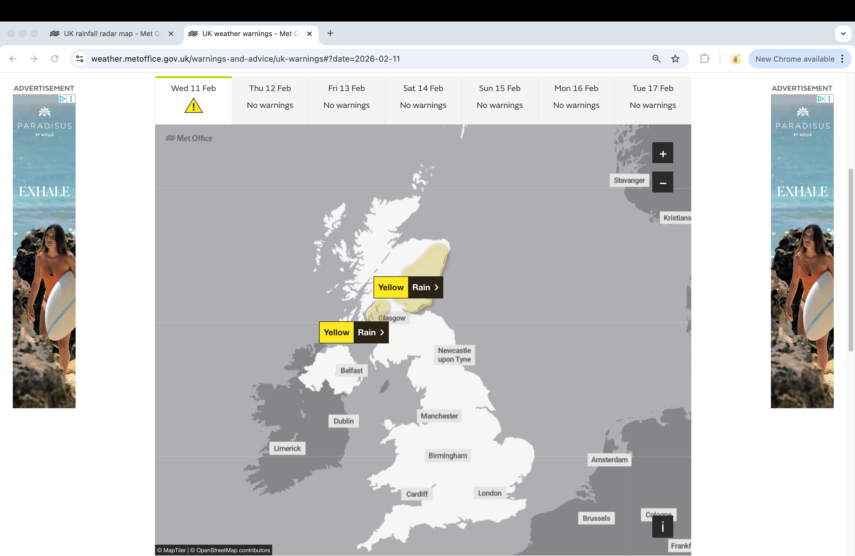 A yellow weather warning of rain across western Scotland, and in the east from Aberdeenshire down to Fife, is in force until midnight on Wednesday