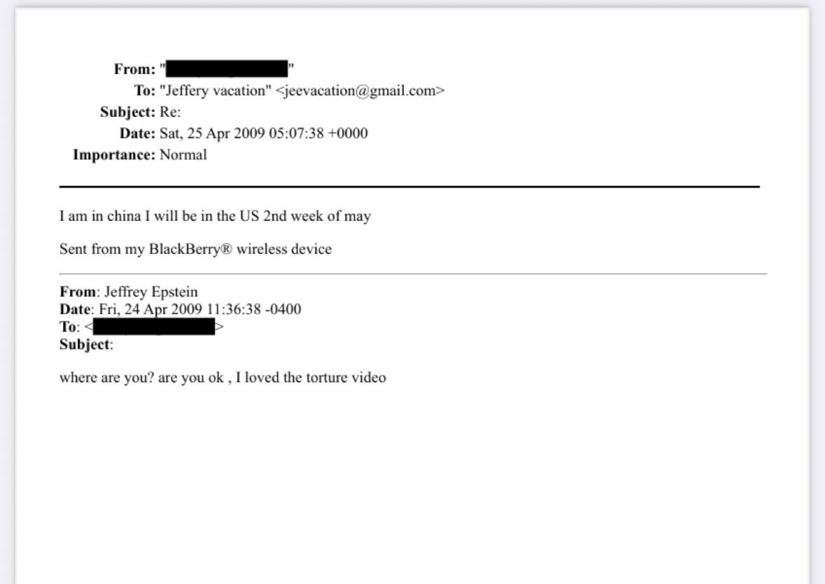 An email previously redacted, sent to Epstein about a ‘torture video’