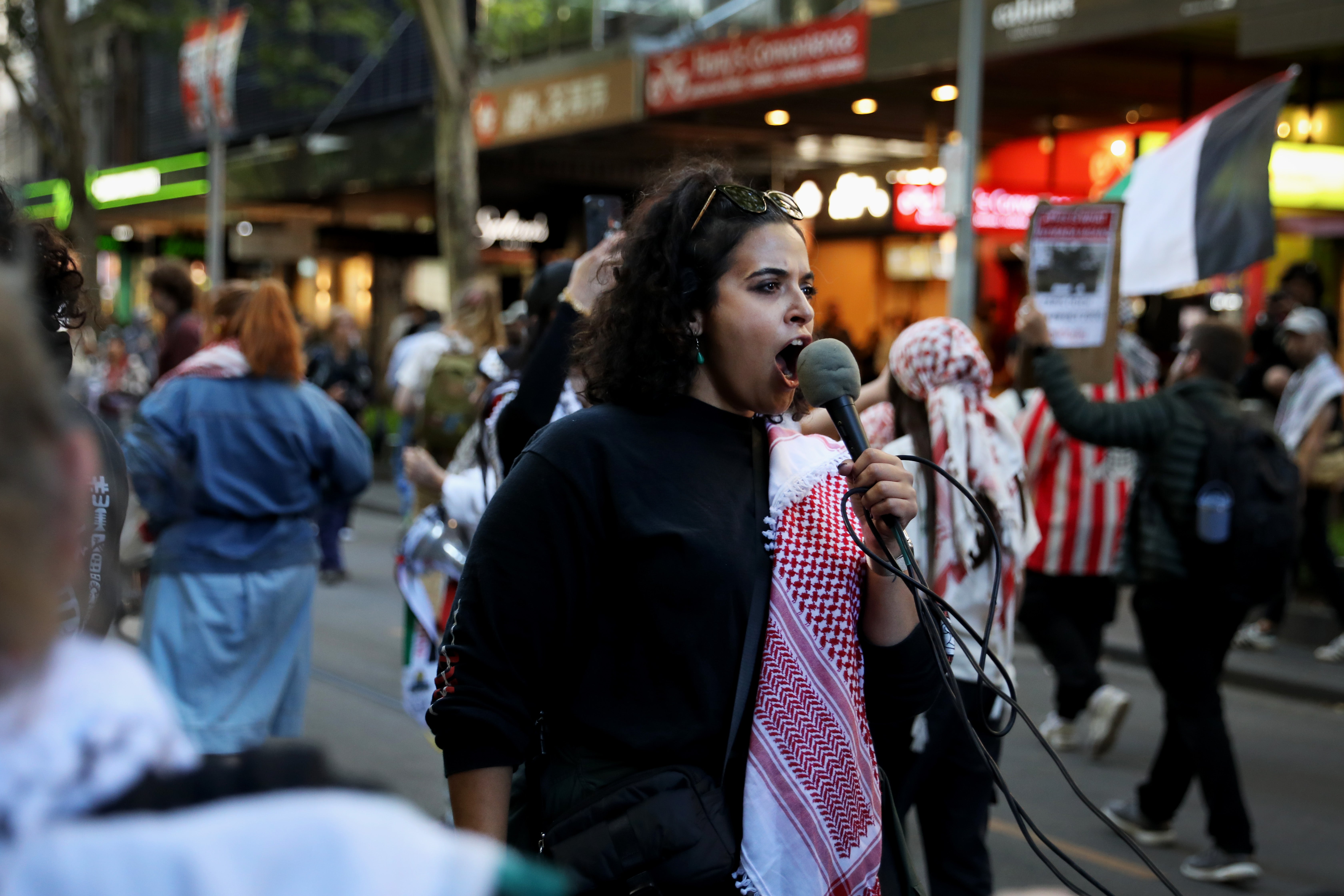 Pro-Palestine supporters march through the central business district (CBD) to protest against the visit of Israel’s president, Isaac Herzog, on 12 February 2026 in Melbourne, Australia. Herzog is on a visit to Australia through 12 February, taking in official engagements as well as meetings with the Jewish community