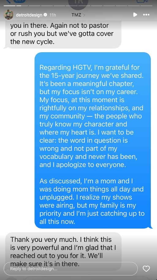 Nicole Curtis shared screenshots of her statement to 'TMZ' on her Instagram Story on Wednesday