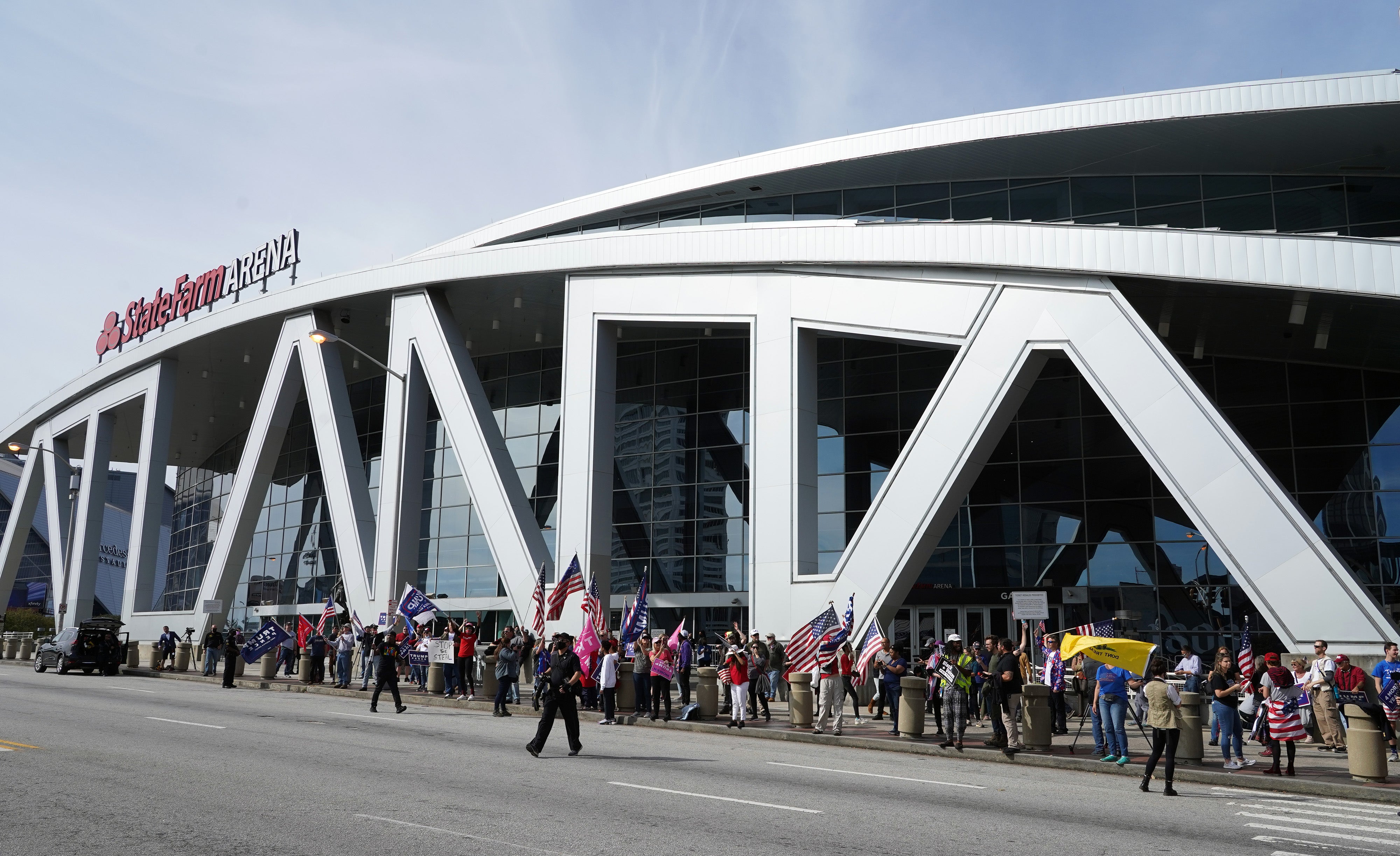 Trump supporters protested outside the State Farm Arena where Fulton County elections officials and workers counted ballots during the 2020 election
