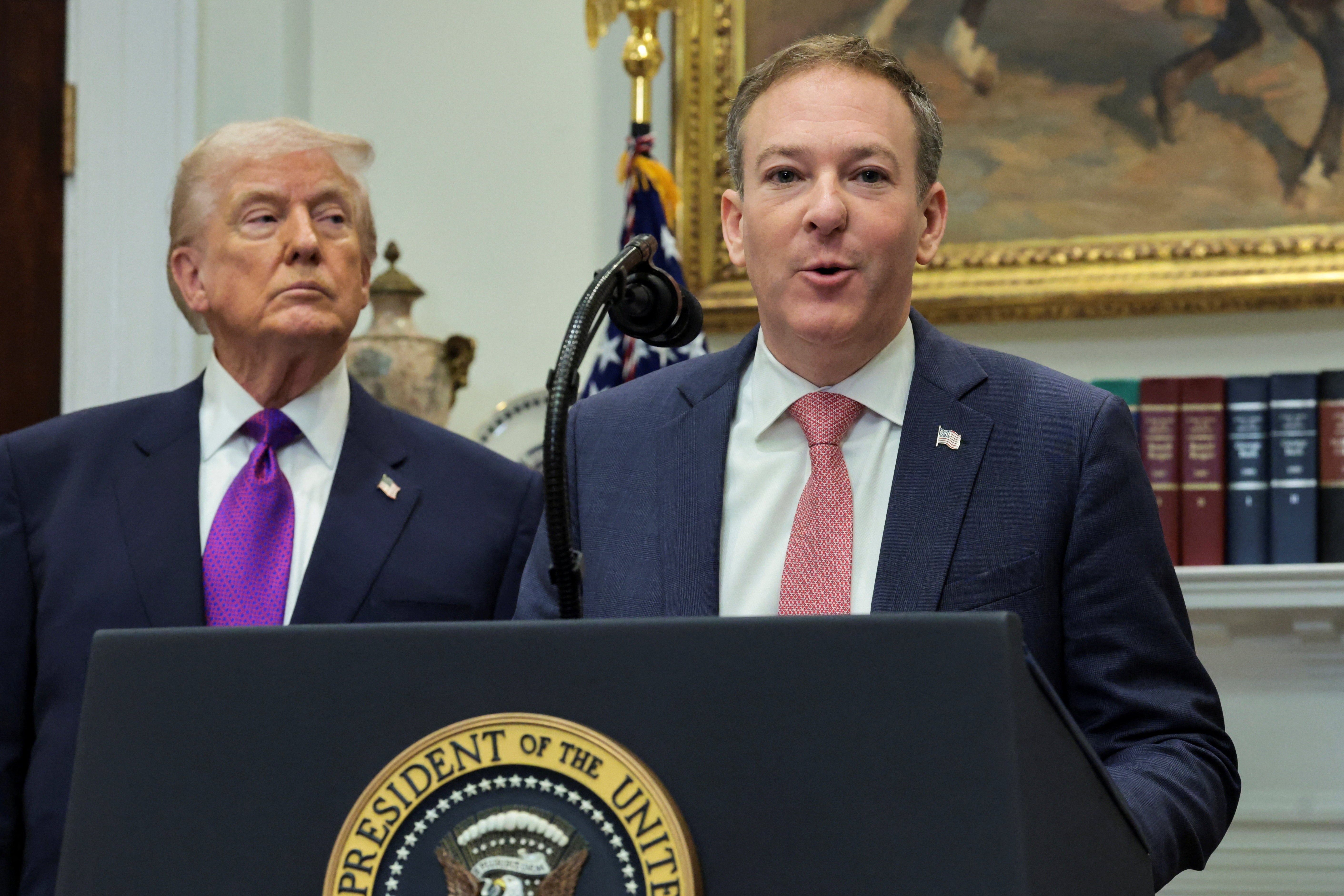 Environmental Protection Agency Administrator Lee Zeldin speaks at a White House event with Donald Trump. They announced they were rescinding a landmark finding that tied greenhouse gasses to climate change