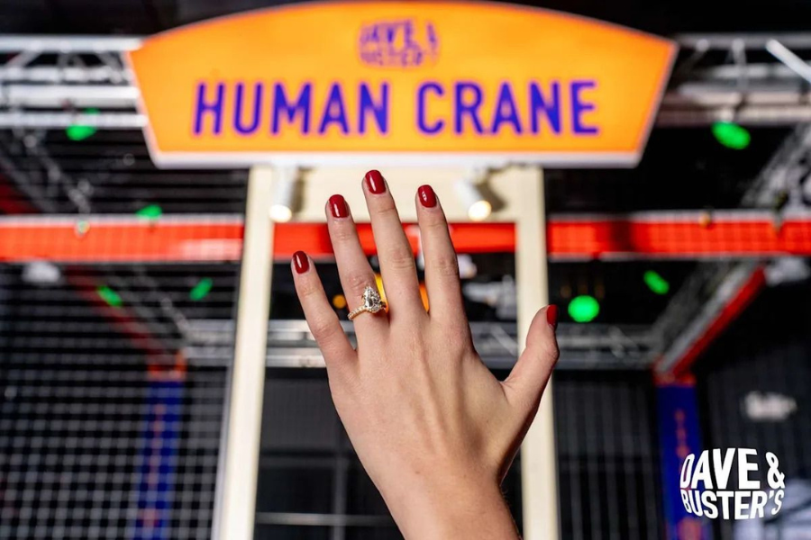 The 3-carat diamond rings will be hidden in the prize pit of Human Crane games at Dave & Buster’s locations in New York and California