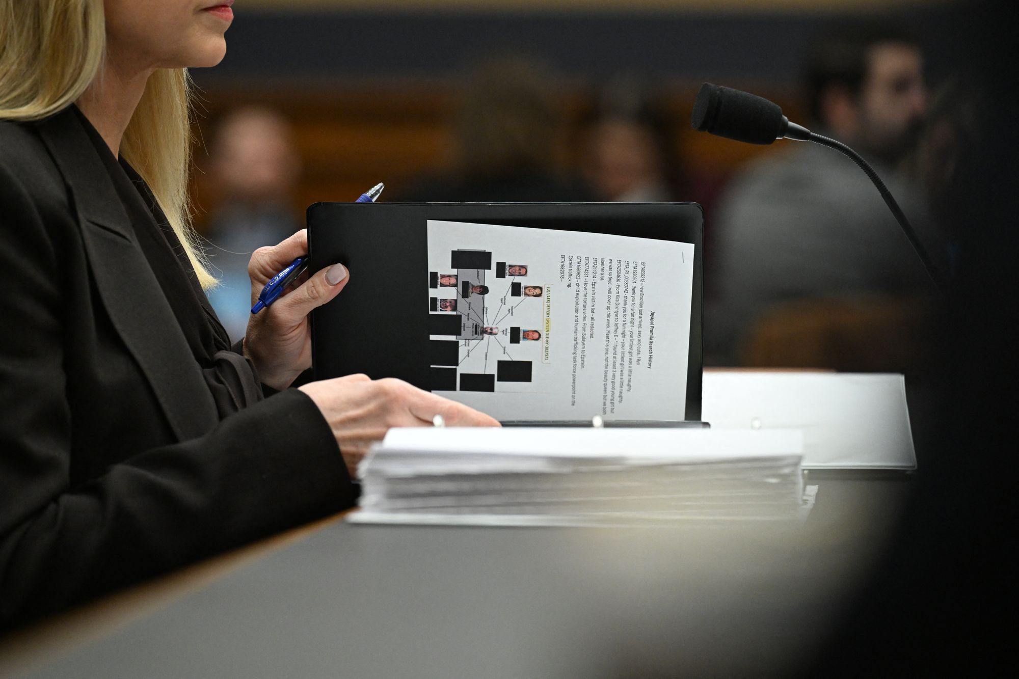 Democrats raised an alarm when US Attorney General Pam Bondi seemed to have a page in her binder that looked like it might have the search history of Rep. Pramila Jayapal (D-Wash.).