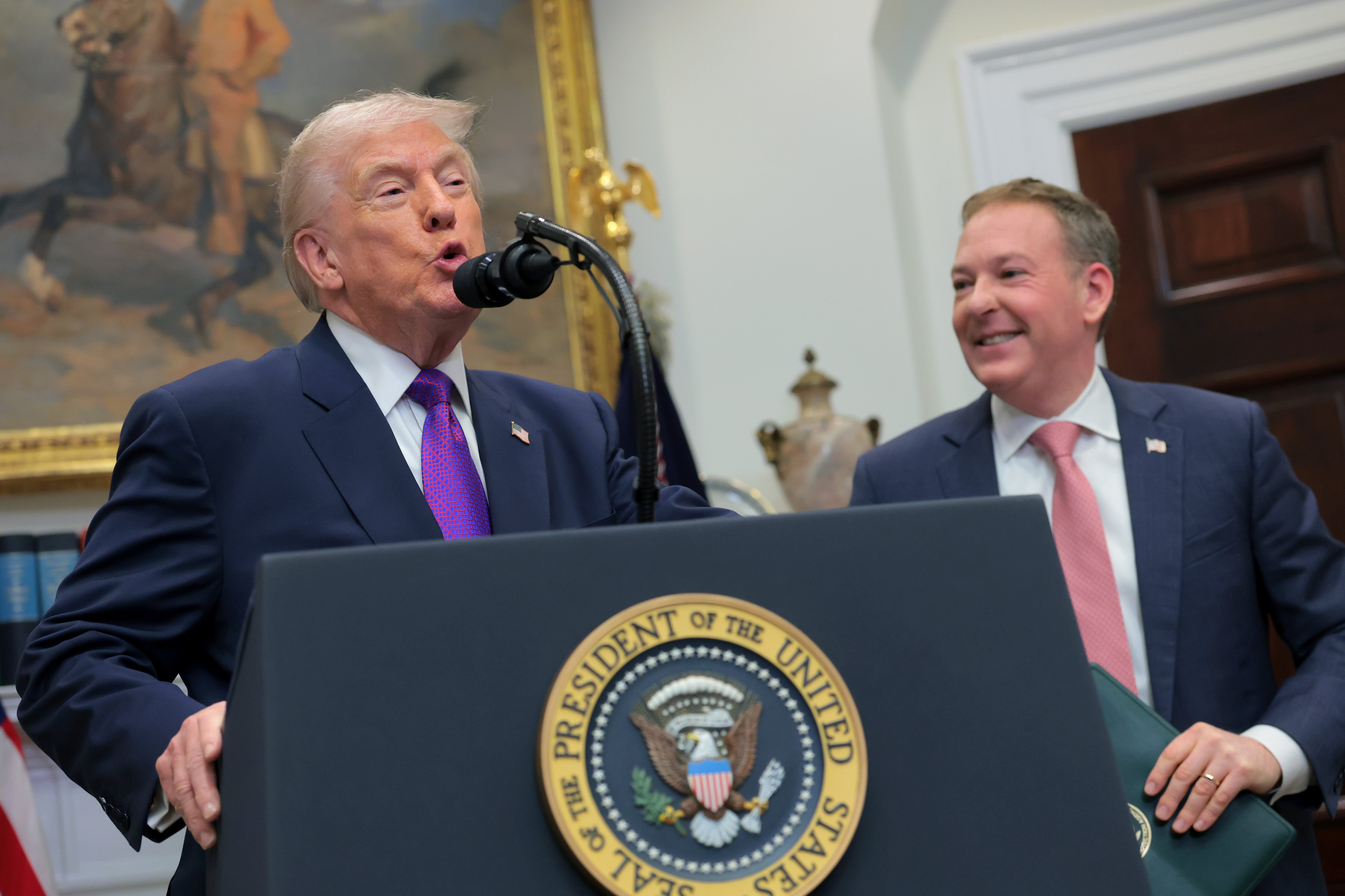President Donald Trump speaks alongside U.S. Environmental Protection Agency Administrator Lee Zeldin on Thursday at the White House. After the pair’s announcement, environmentalists said Americans would be less safe