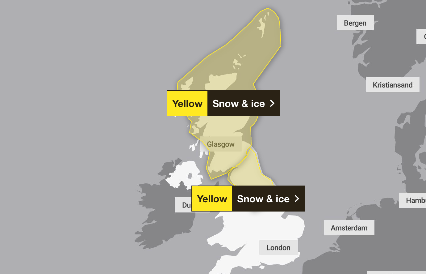 Outbreaks of snow and ice are forecast for Scotland and northern England