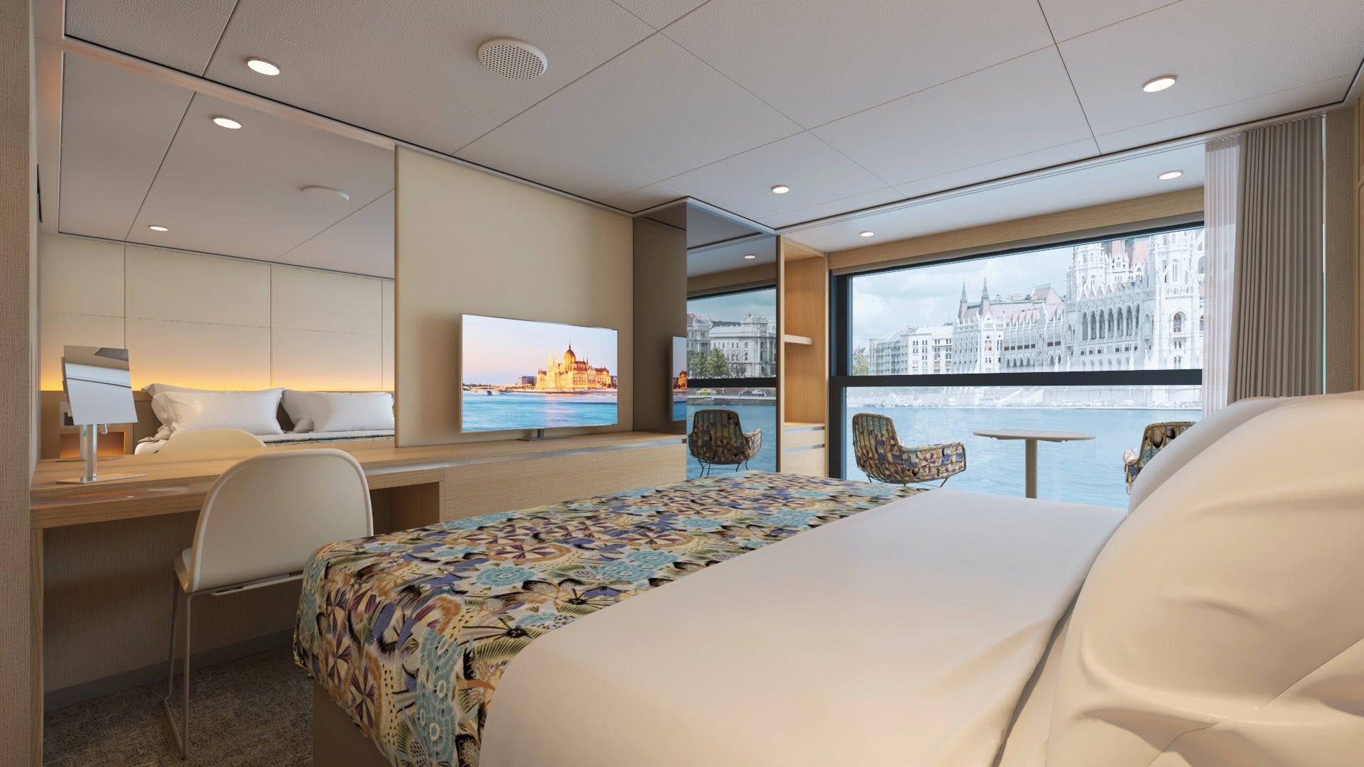A balcony cabin aboard the luxury Emerald Astra river cruise ship