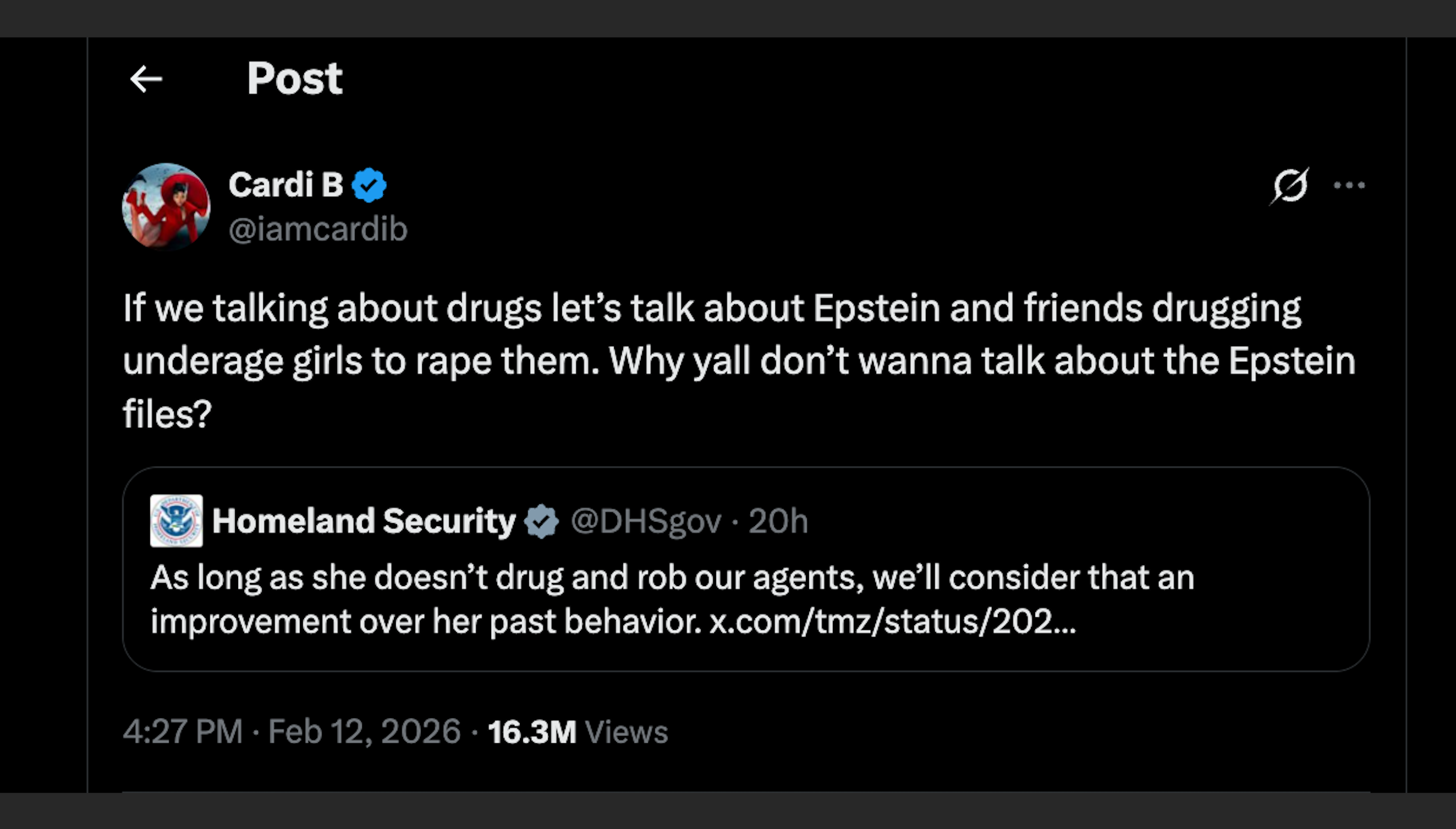 Cardi B responds to the Department of Homeland Security's official X account during an online spat between the rapper and the federal agency