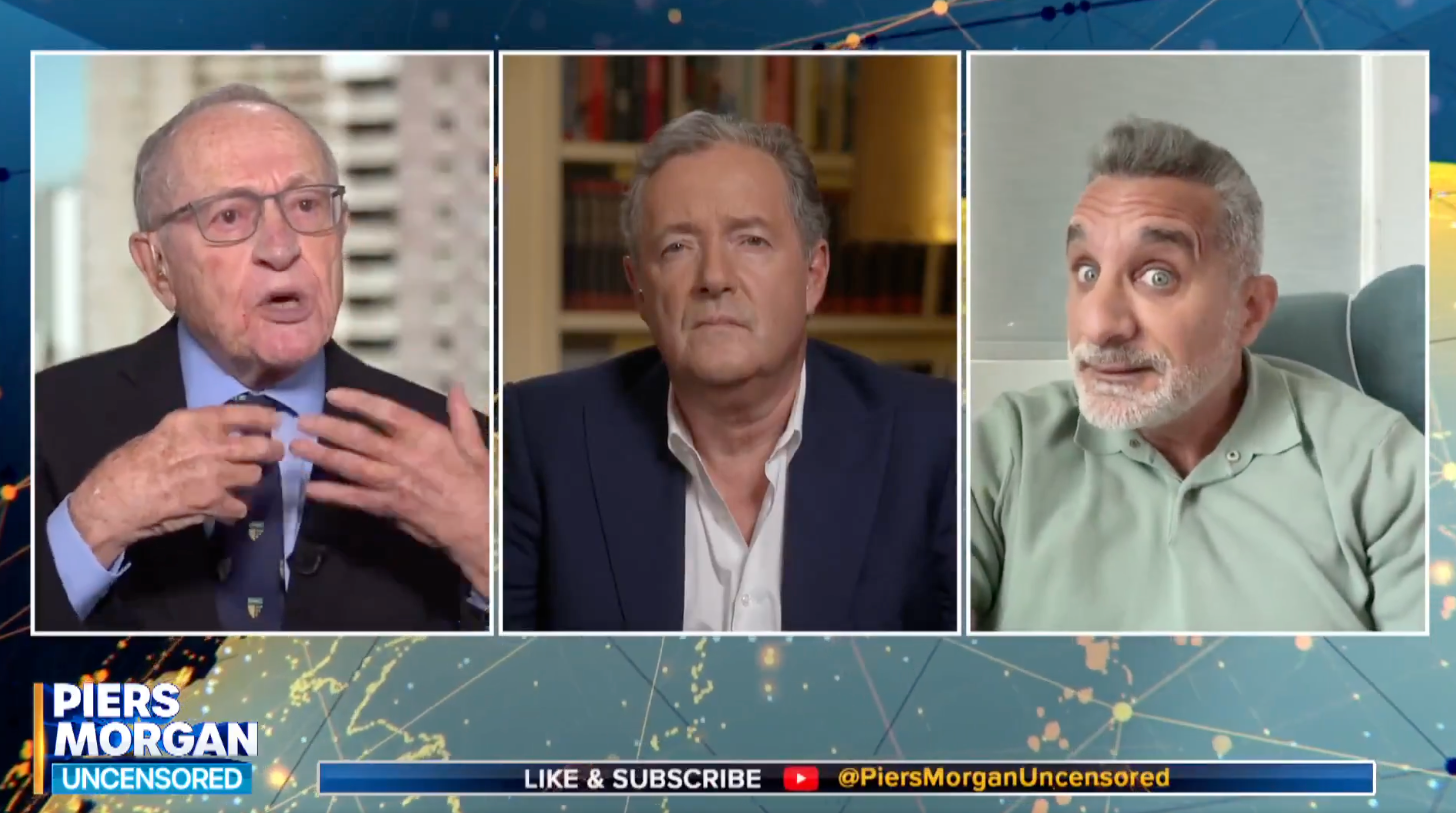 Dershowitz and Youssef continue their bad tempered debate as a helpless Piers Morgan looks on