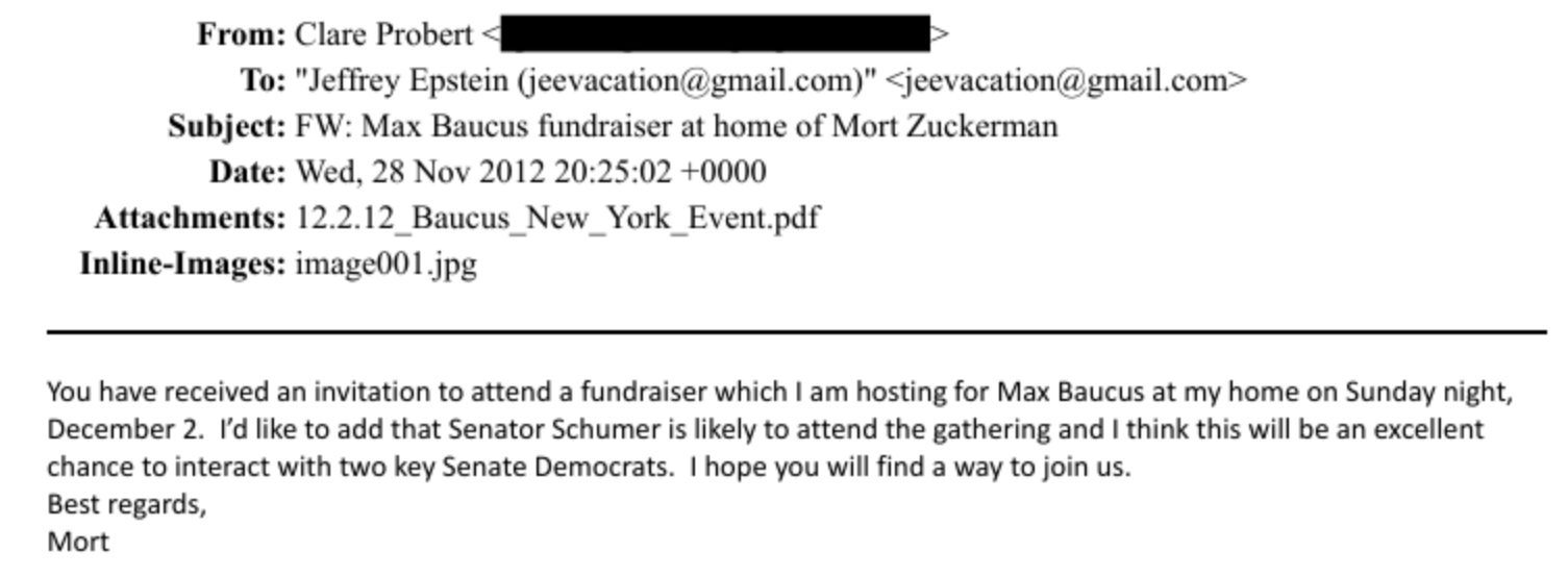 A 2012 email asking Epstein to attend a fundraiser for former Sen. Max Baucus at a billionaire's home
