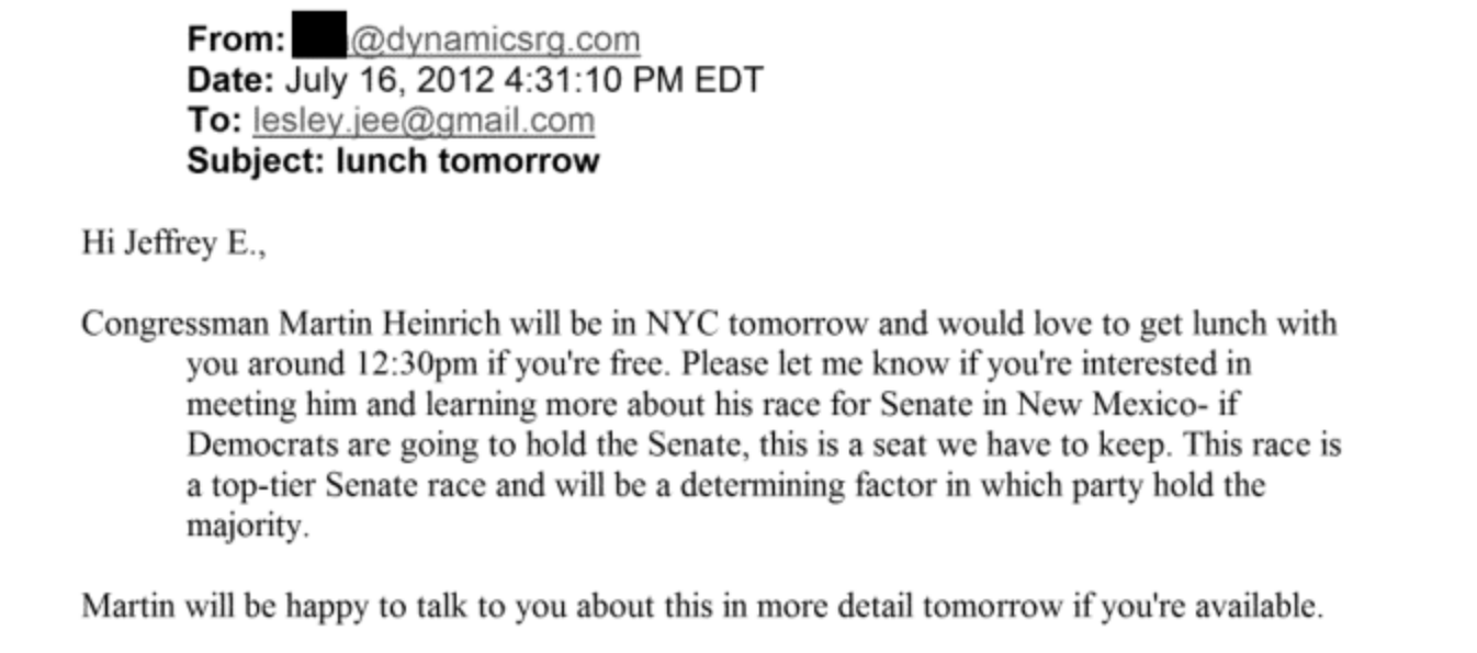 A 2012 email asking Epstein if he would meet a New Mexico congressman for lunch in New York City