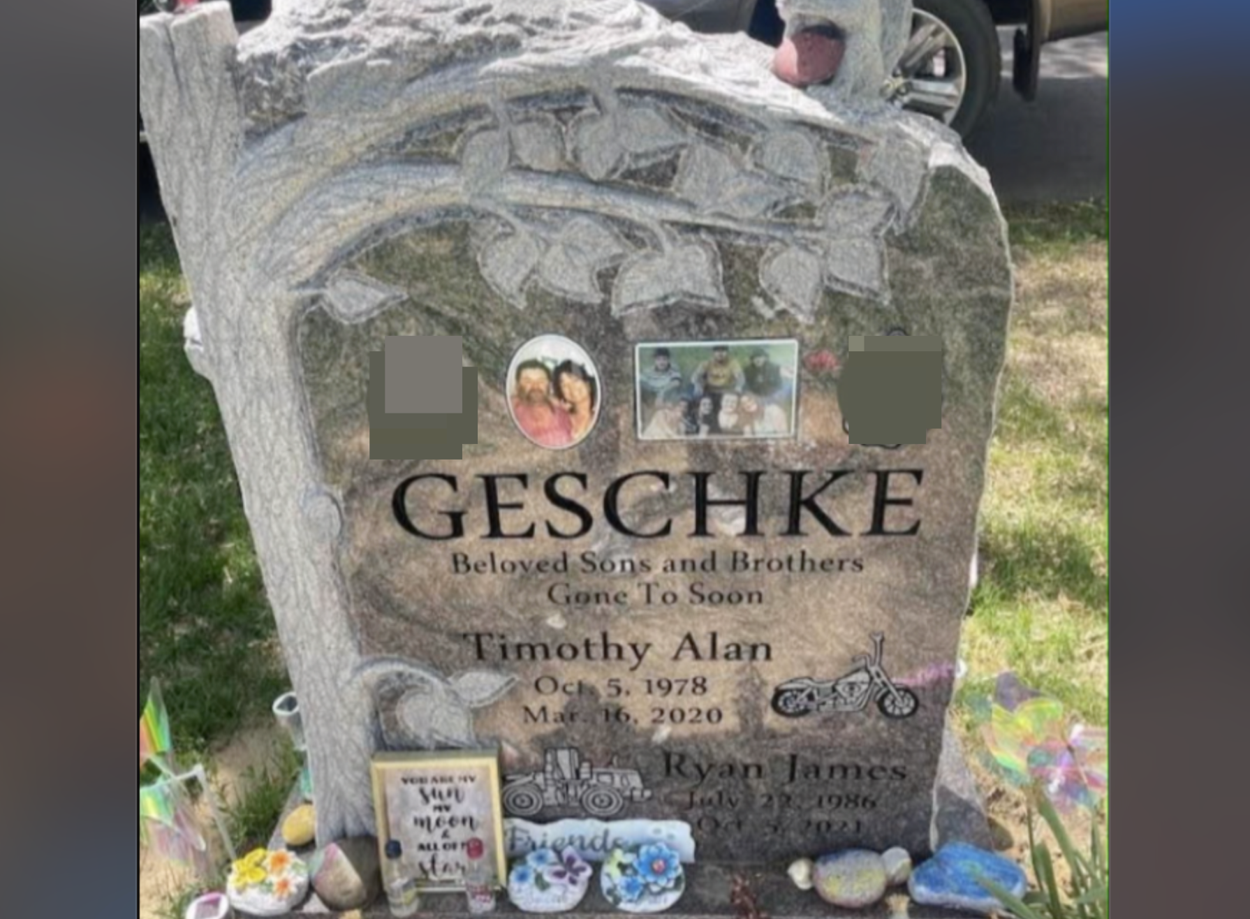 <p>A tombstone marking the graves of Timothy and Ryan Geschke in Colorado Springs, Colorado. Evergreen Cemetery management has requested that the tombstone — which was erected five years ago — be removed because it contains images of raised middle fingers. The Geschke family says they plan to fight the removal order</p>