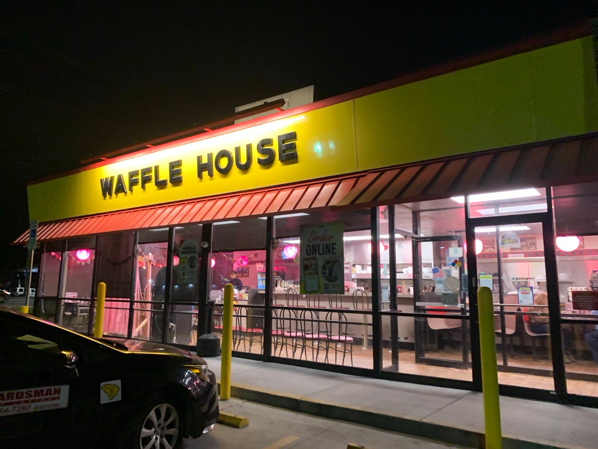 At 0:41 a.m. on Feb. 15, 2025, Erin or Augustine were surprised to find this Waffle House decked out for the holiday and took this photo to record the moment