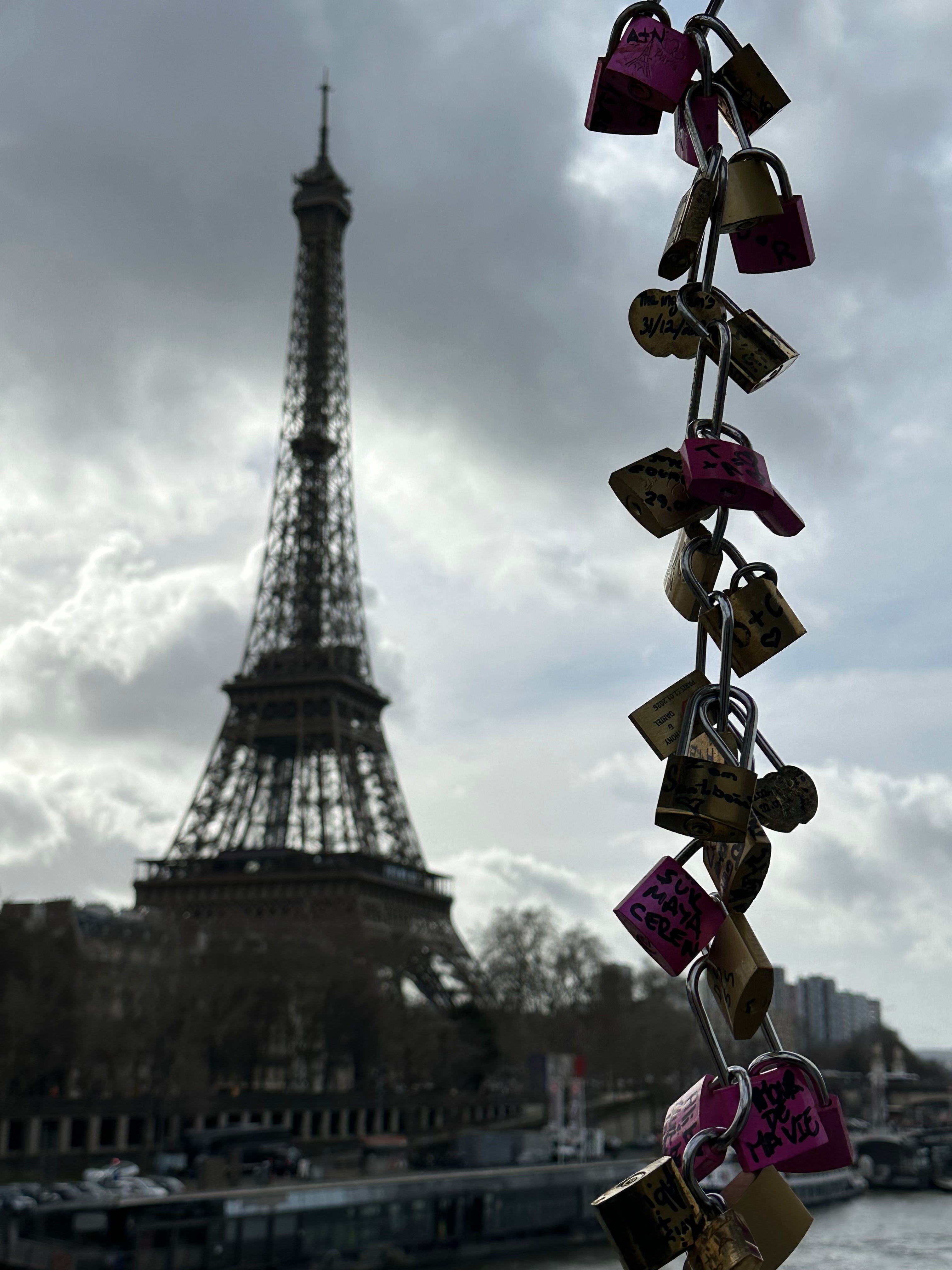 Lock of love: The Eiffel Tower from Pont des Arts (or Love Lock) bridge