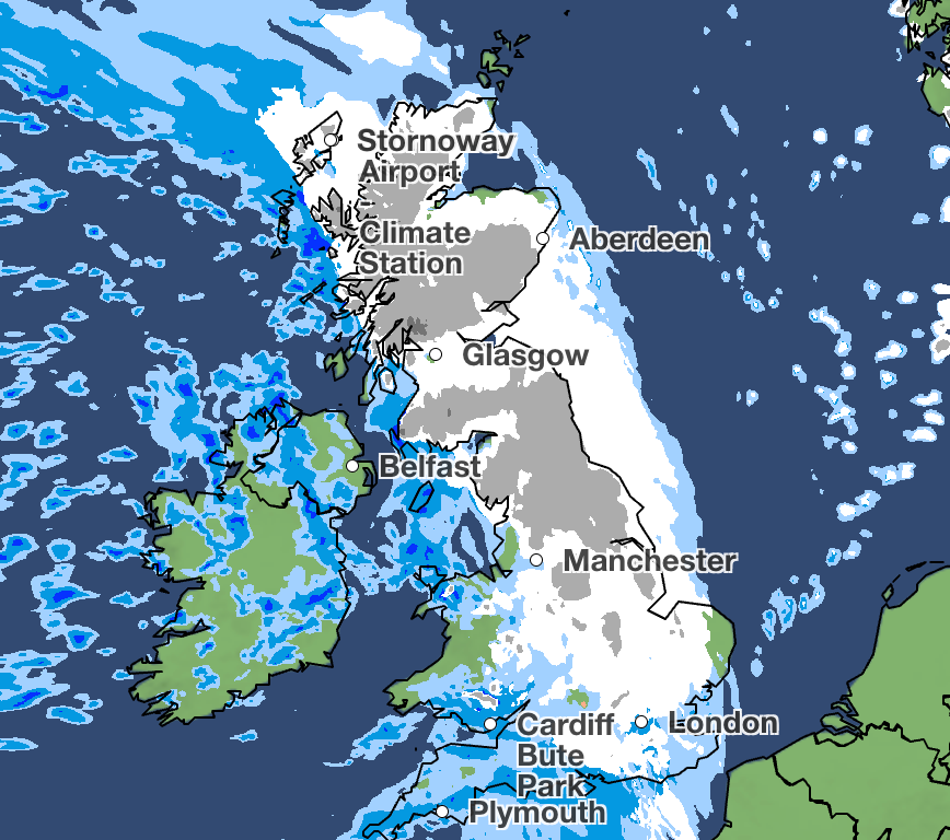 Heaviest snow falls across the hills in Scotland and northern England at 3am on Sunday