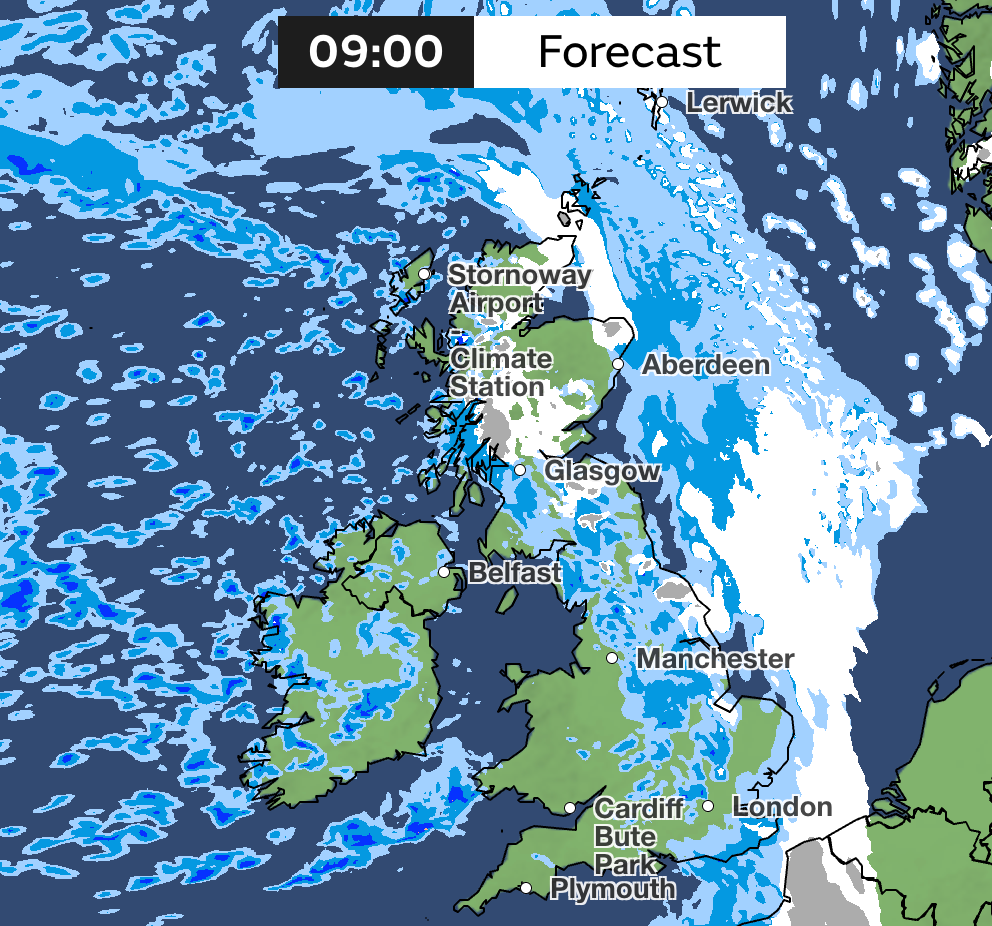 By 9am, most of the snow path has moved past the UK