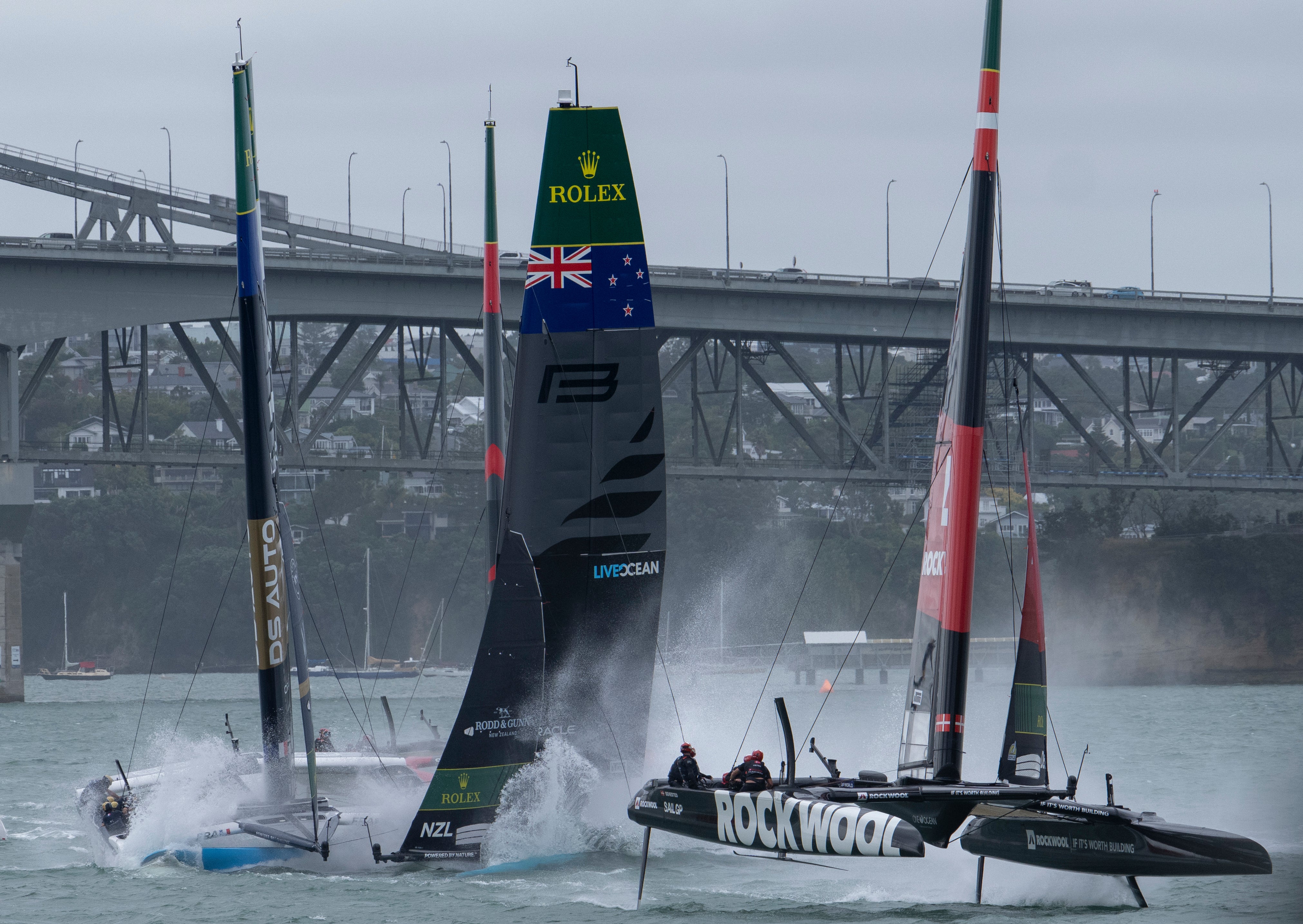 Black Foils SailGP Team helmed by Peter Burling and DS Automobiles SailGP Team France helmed by Quentin Delapierre collide during racing on Race Day 1 of the ITM New Zealand Sail Grand Prix in Auckland, New Zealand