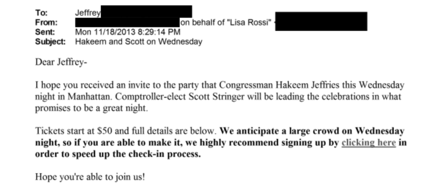 A 2013 email inviting Epstein to a party with New York Rep. Hakeem Jeffries