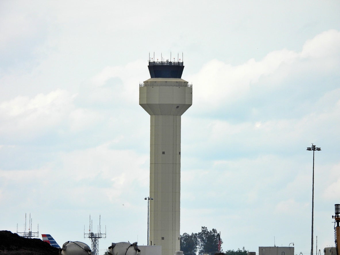 The air traffic control tower at Palm Beach International Airport. A private jet was forced to land at Palm Beach International Airport after hitting 'multiple deer' while taking off at a different regional airport
