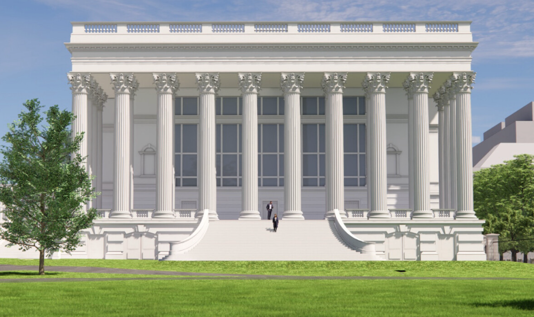 Despite the removal of the southern portico pediment the height of the building is expected to remain the same height as the White House – a priority for Trump